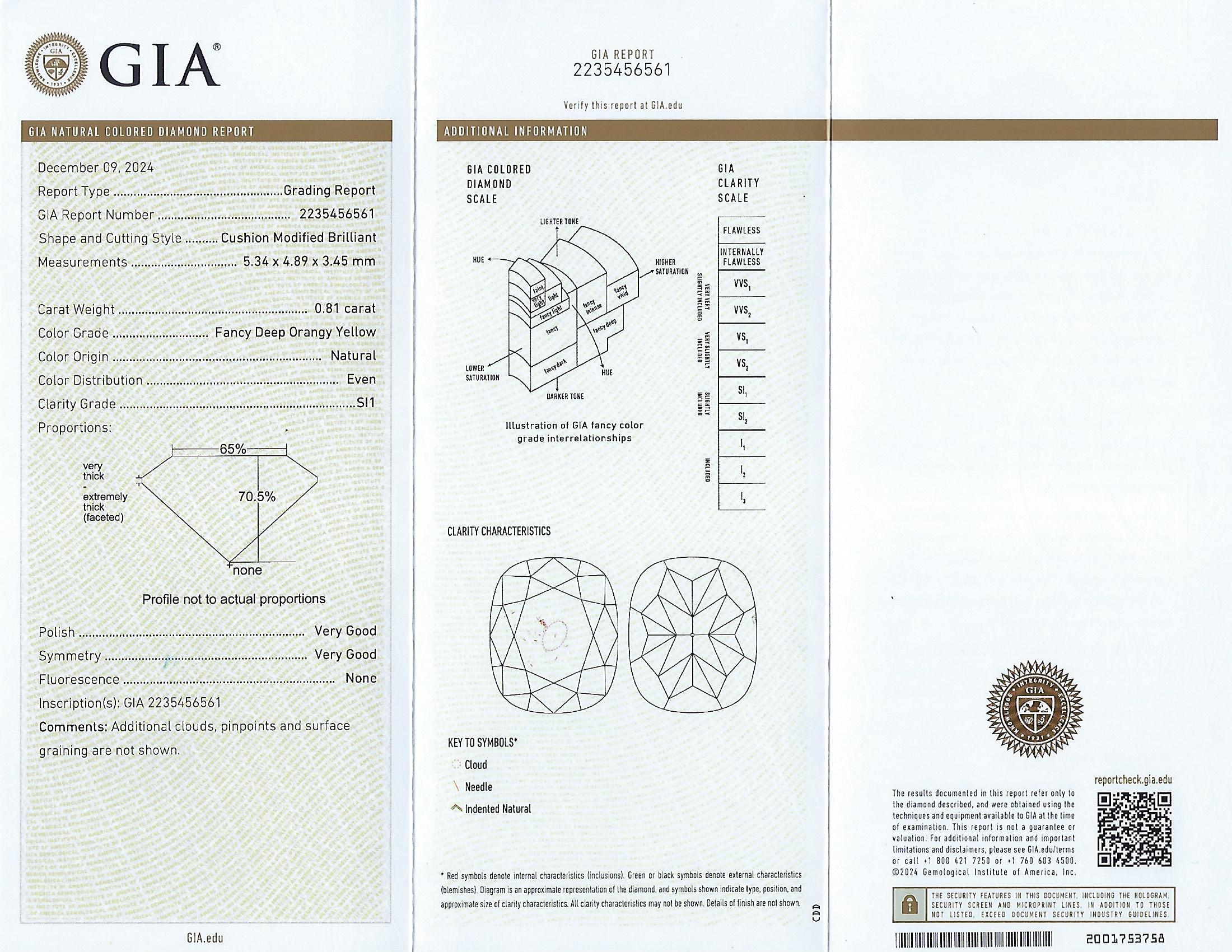 GIA Certified 0.81 Carat Cushion Fancy Deep Orangy Yellow Natural Diamond For Sale 4