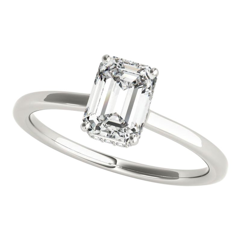 GIA Certified 0,81 Carat Emerald Hidden Halo Slim Band Diamond Ring