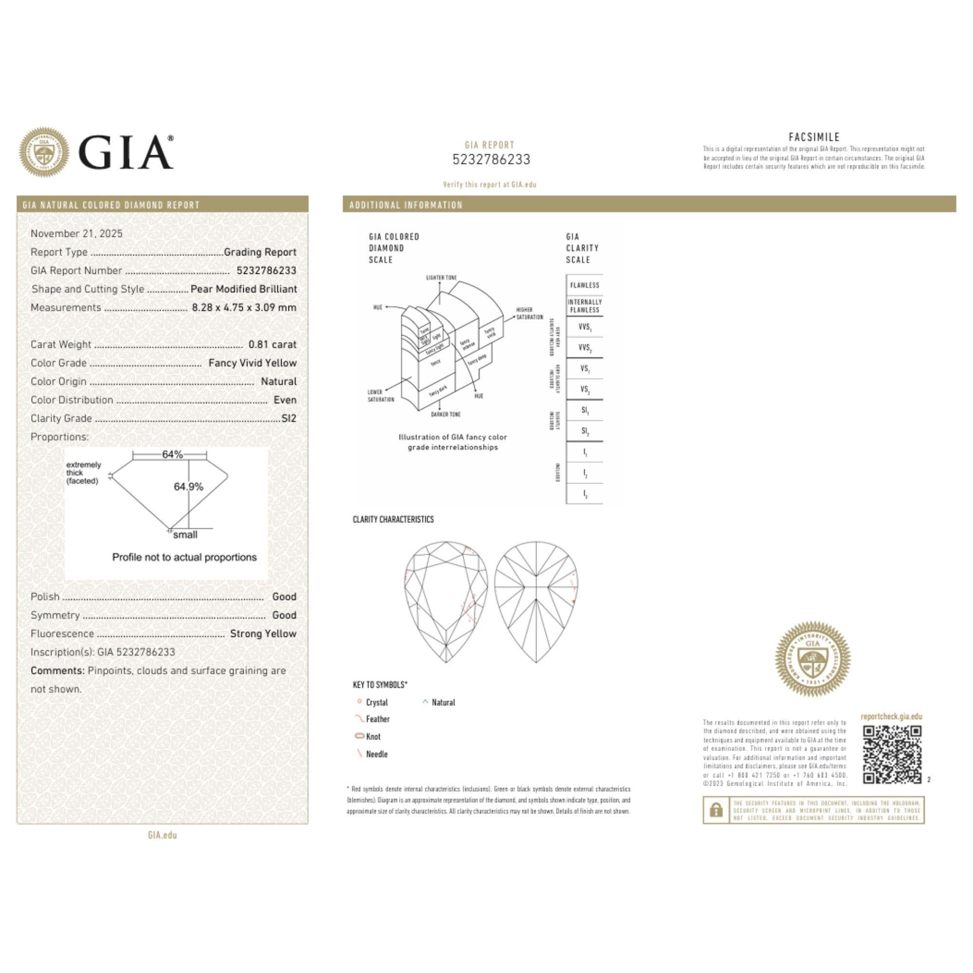 Diamant poire certifié GIA de 0,81 carat de couleur naturelle jaune vif avec pureté SI2, mesurant 8,28 x 4,75 x 3,09 mm. Rapport GIA #5232786233.

Spécifications du produit :
Type d'article : Diamant en vrac
Date du rapport : 21 novembre 2025
Type