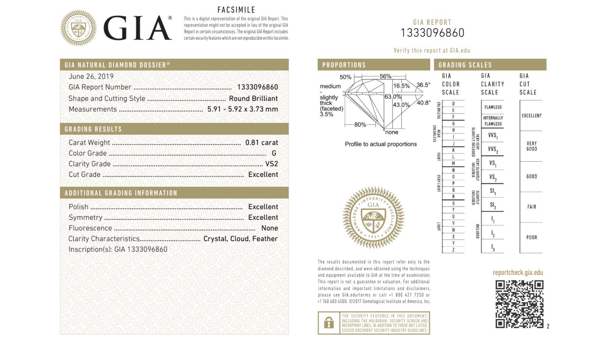GIA Certified 0.81 Carat G/VS2 Round Cut Diamond Engagement Ring For Sale 1