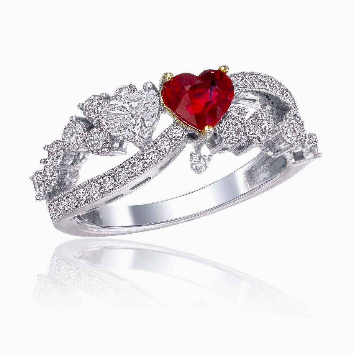 Heart Cut GIA Certified 0.81 Carat Ruby Burmese No Heat and Diamond Ring For Sale