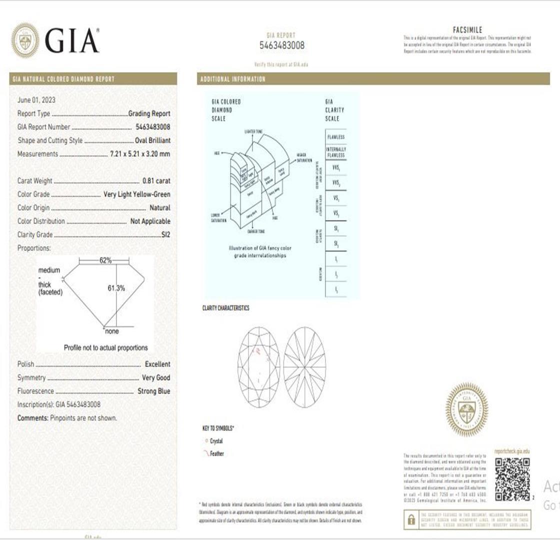GIA Certified 0.81 Carat Very Light Yellow Green SI2 Clarity Diamond Ring For Sale 3