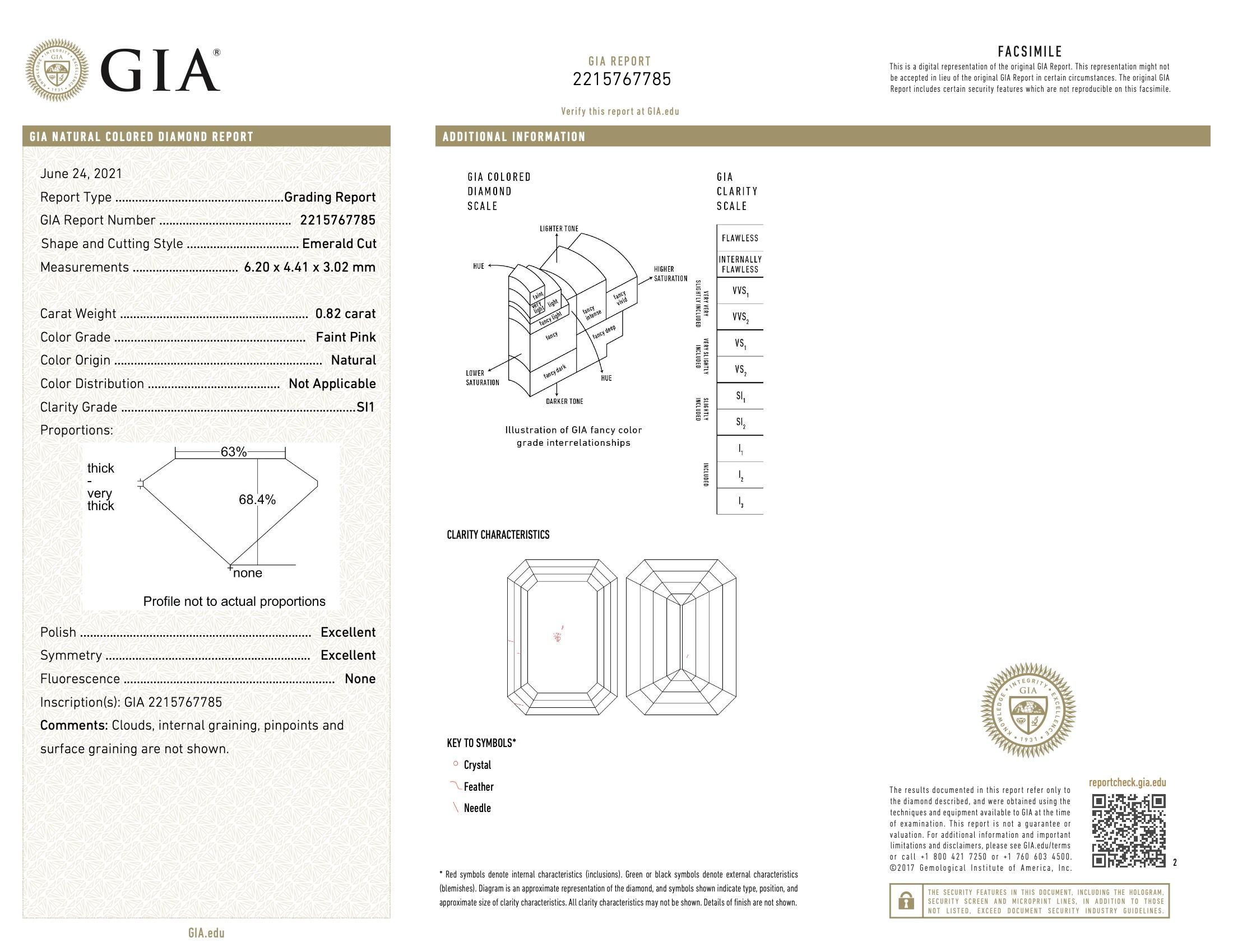 Women's or Men's GIA Certified 0.82 Carat Faint Pink SI1 Clarity Diamond Ring For Sale