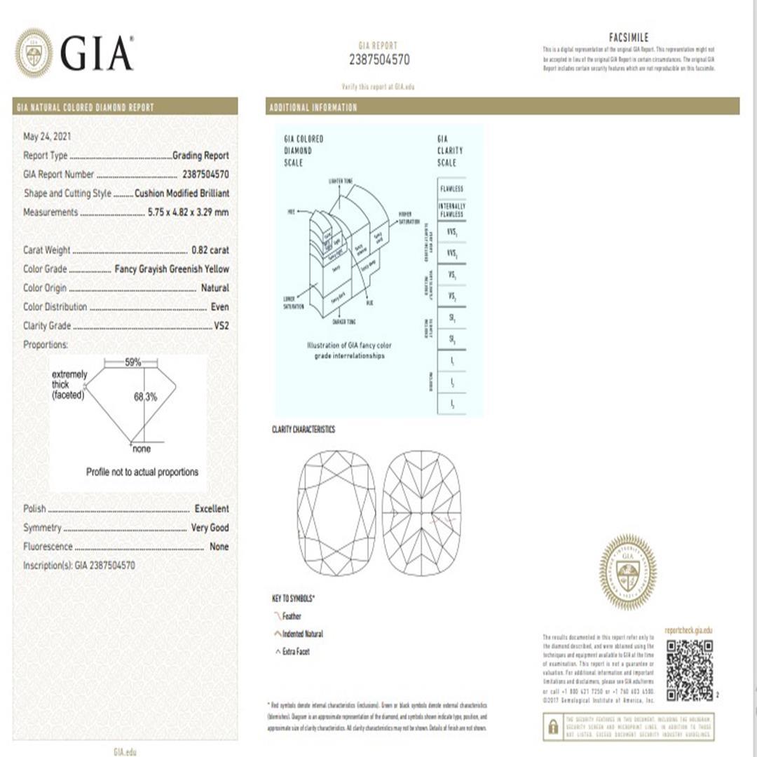 GIA Certified 0.82 Carat Fancy Grayish Greenish Yellow VS2 Clarity Diamond Ring For Sale 3