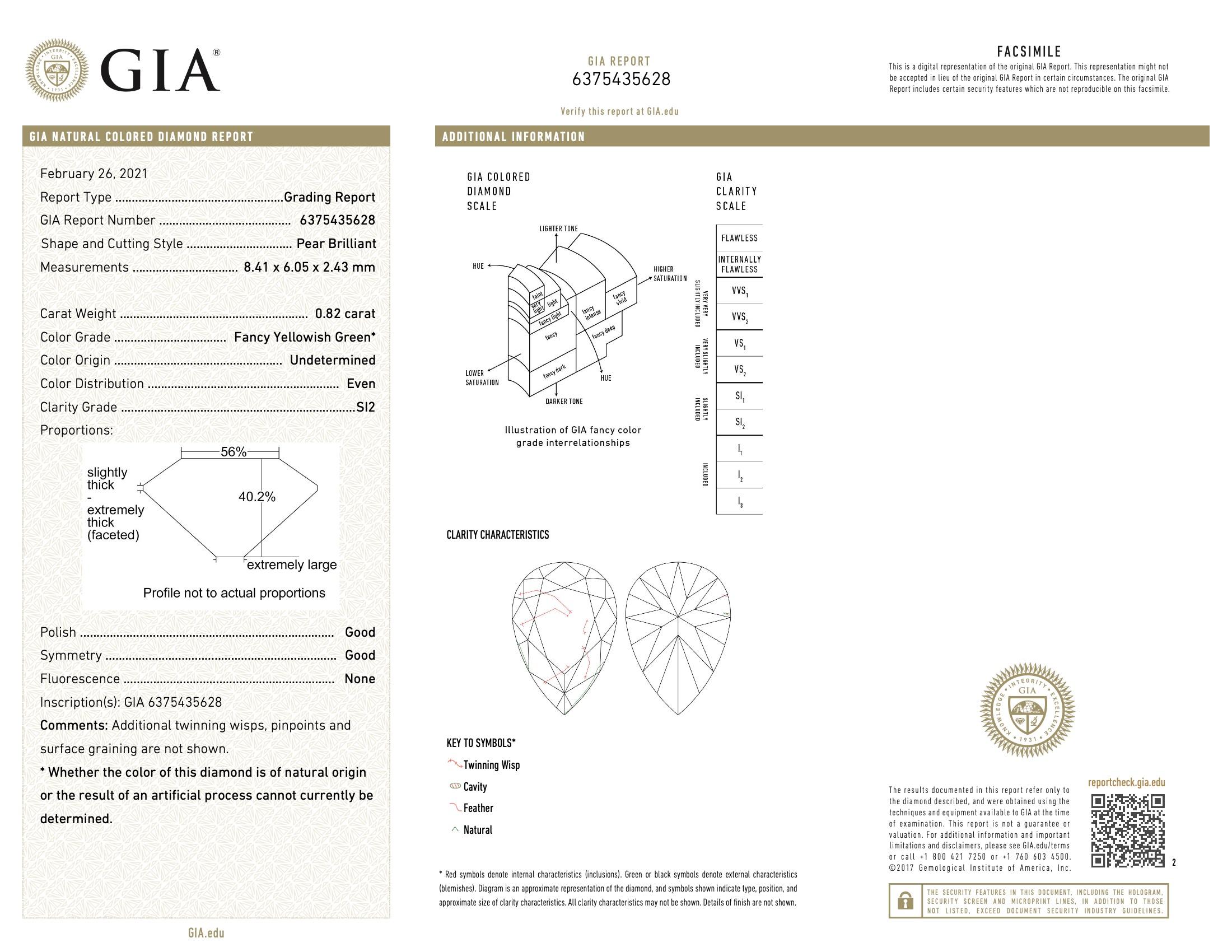 Diamant fantaisie vert jauneâtre de 0,82 carat de pureté SI2 certifié GIA en vente 1
