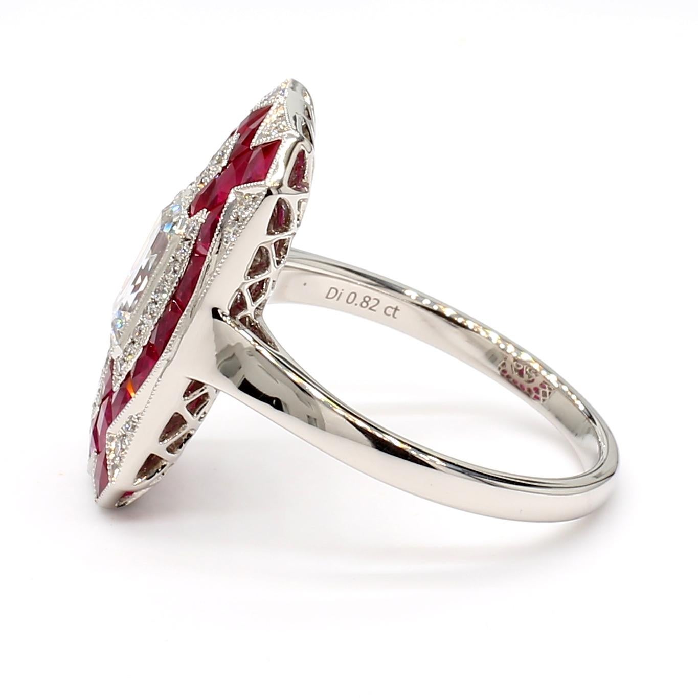 Art Déco Anello in stile Deco con diamante e rubino certificato GIA 0,82 E VS2 in vendita