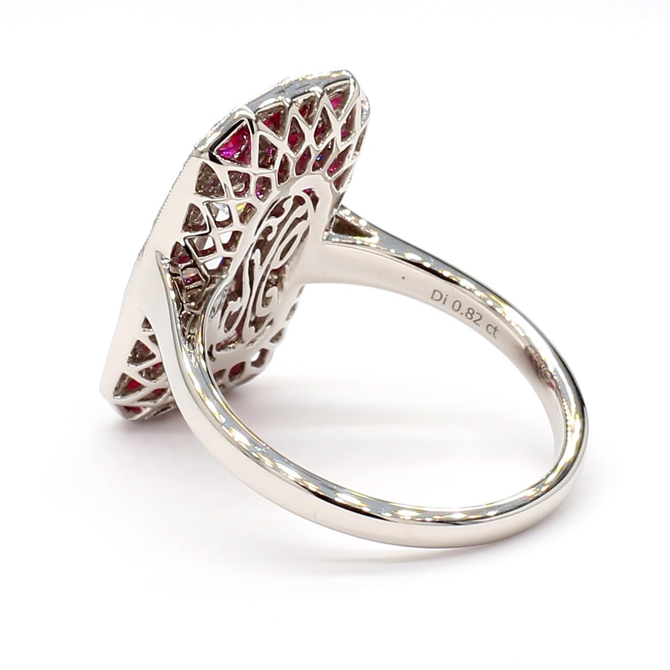 Taglio smeraldo Anello in stile Deco con diamante e rubino certificato GIA 0,82 E VS2 in vendita
