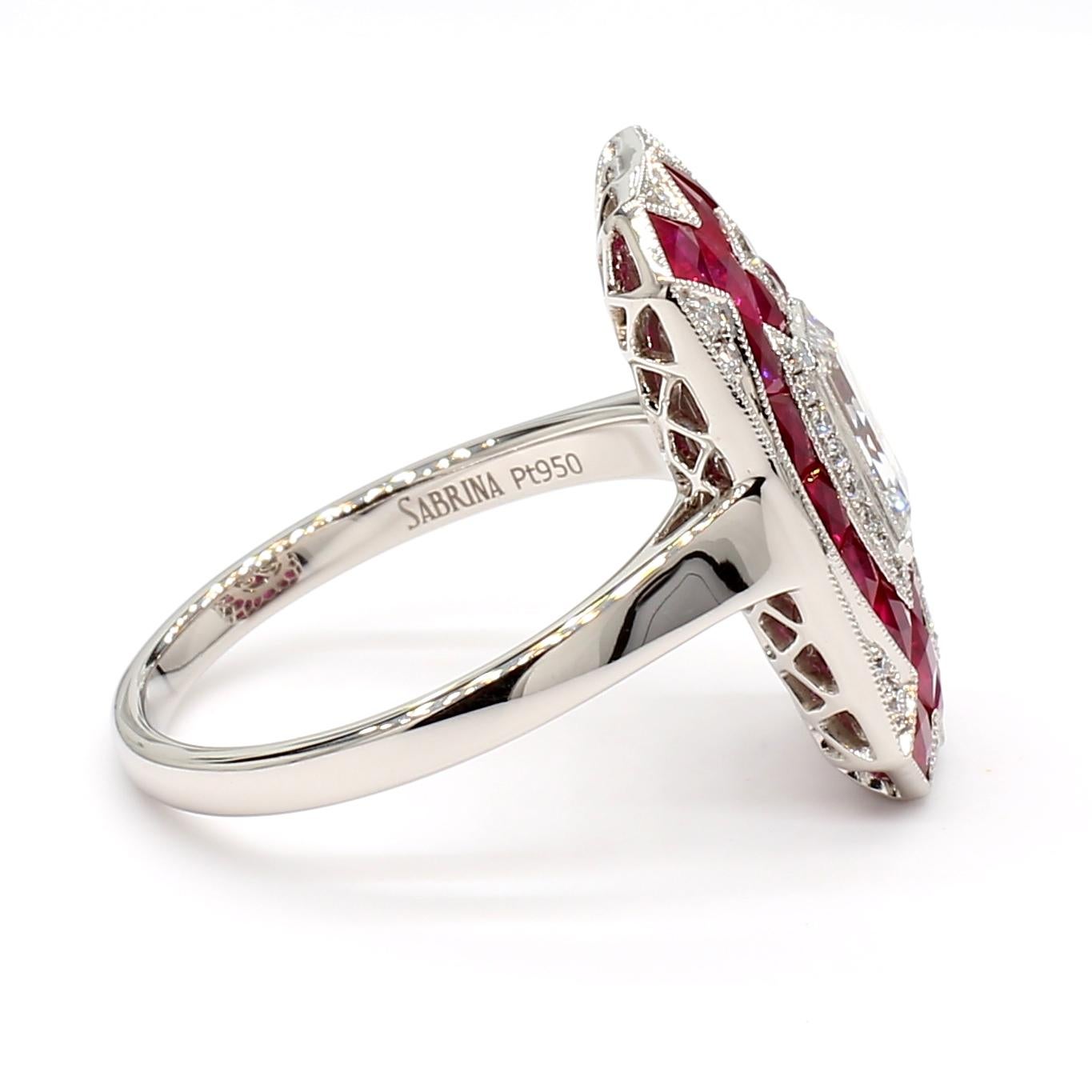 Anello in stile Deco con diamante e rubino certificato GIA 0,82 E VS2 in vendita 1