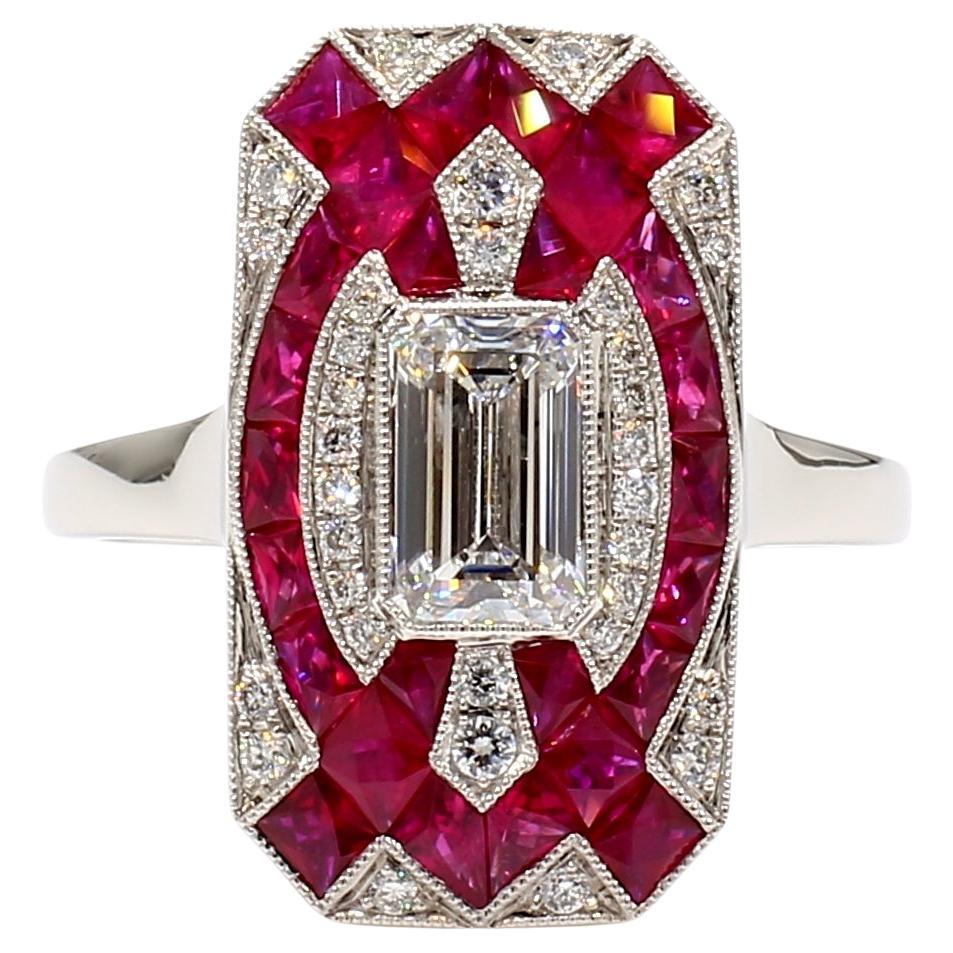 GIA Certificado 0.82 E VS2 Anillo Estilo Deco de Diamantes y Rubíes