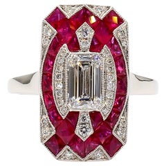 Anello in stile Deco con diamante e rubino certificato GIA 0,82 E VS2