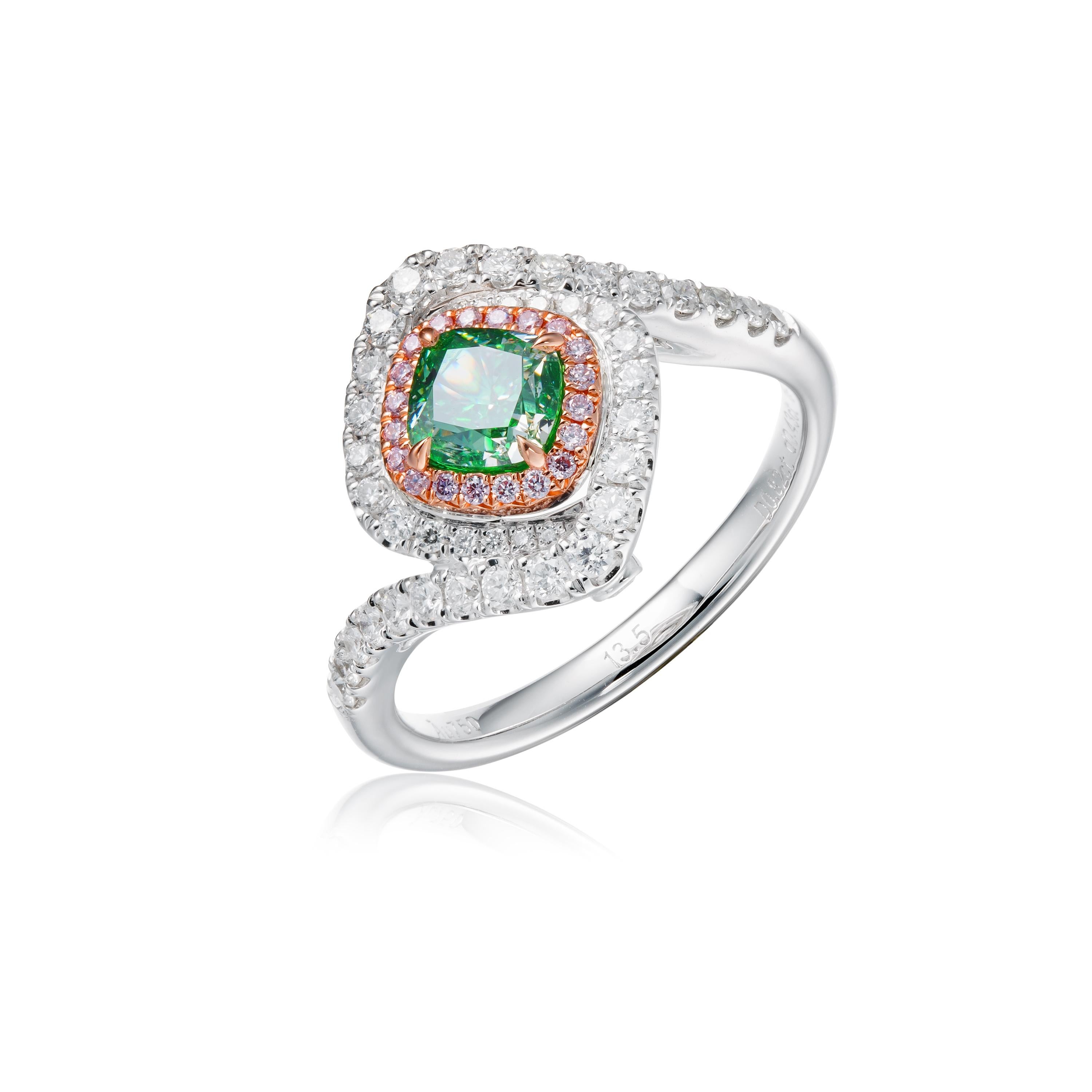 GIA-zertifizierter, 0,82 Karat natürlicher Fancy Hellgelb-Grün Ring in Kissenform 18KT  im Angebot 1