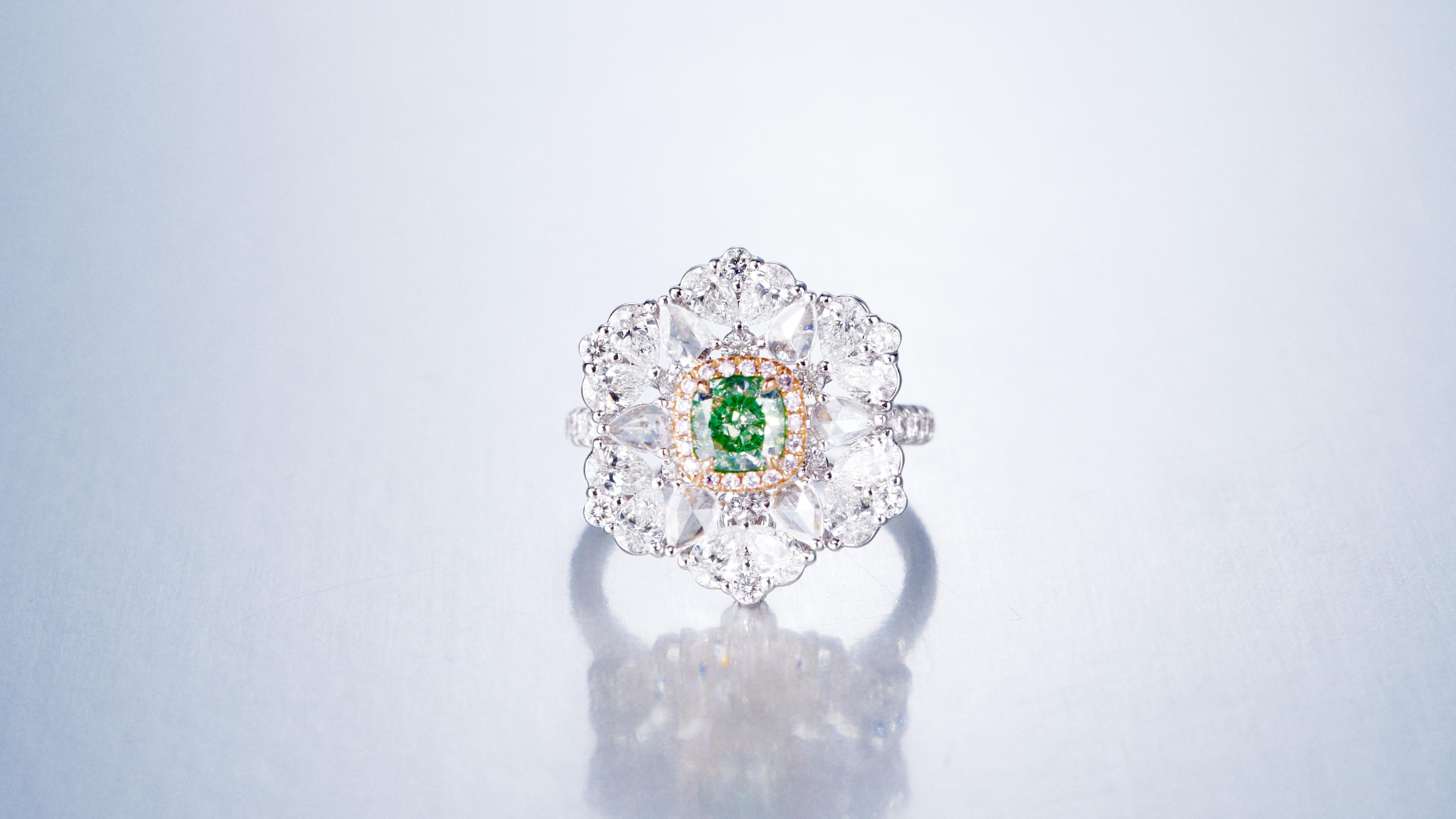 Contemporary GIA Certified, 0.82ct Natural Light Green Cushion Diamond Ring in 18KT in Gold. For Sale