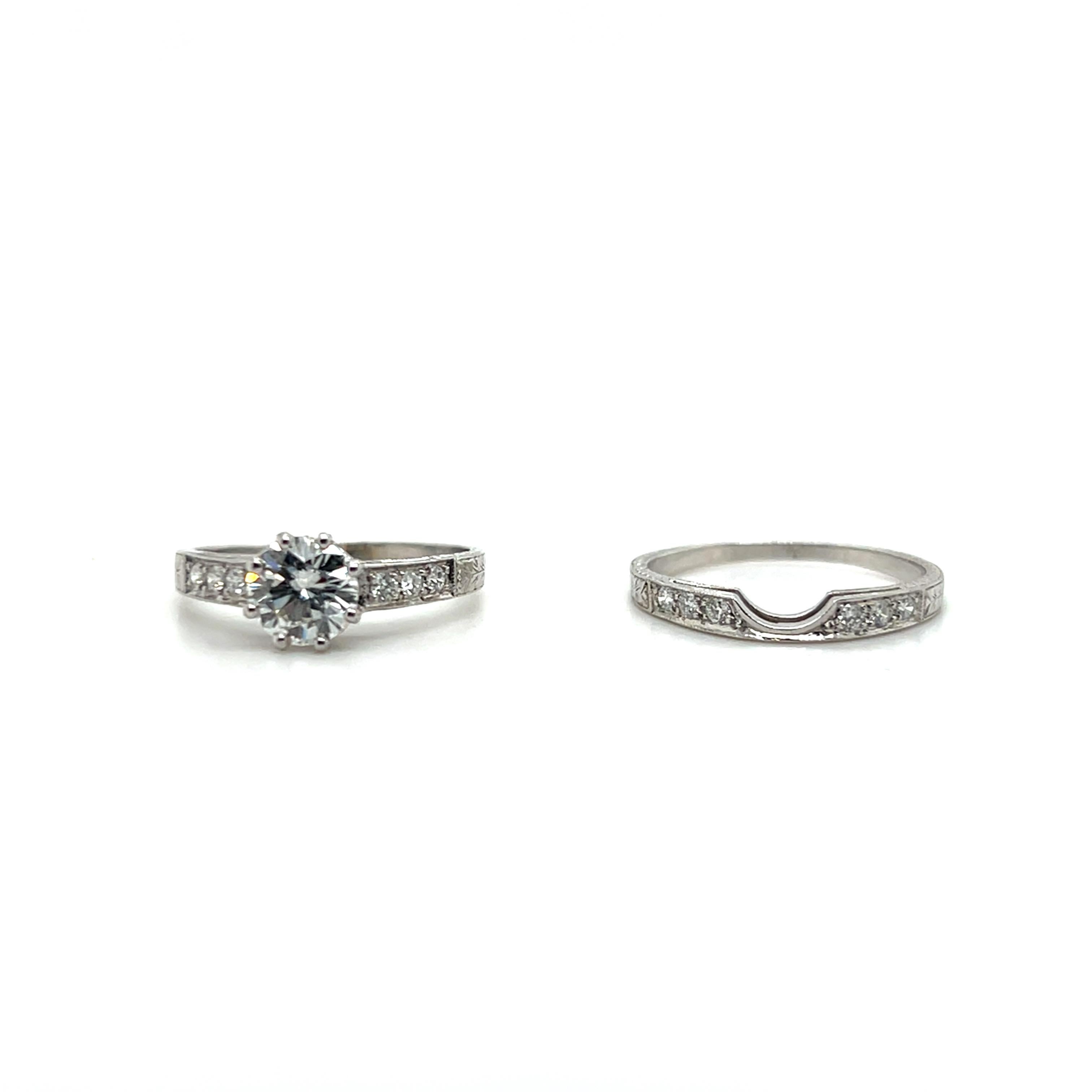 GIA Certified 1.02 TCW Diamond Art Deco Inspired Engagement & Wedding Band Set For Sale 5