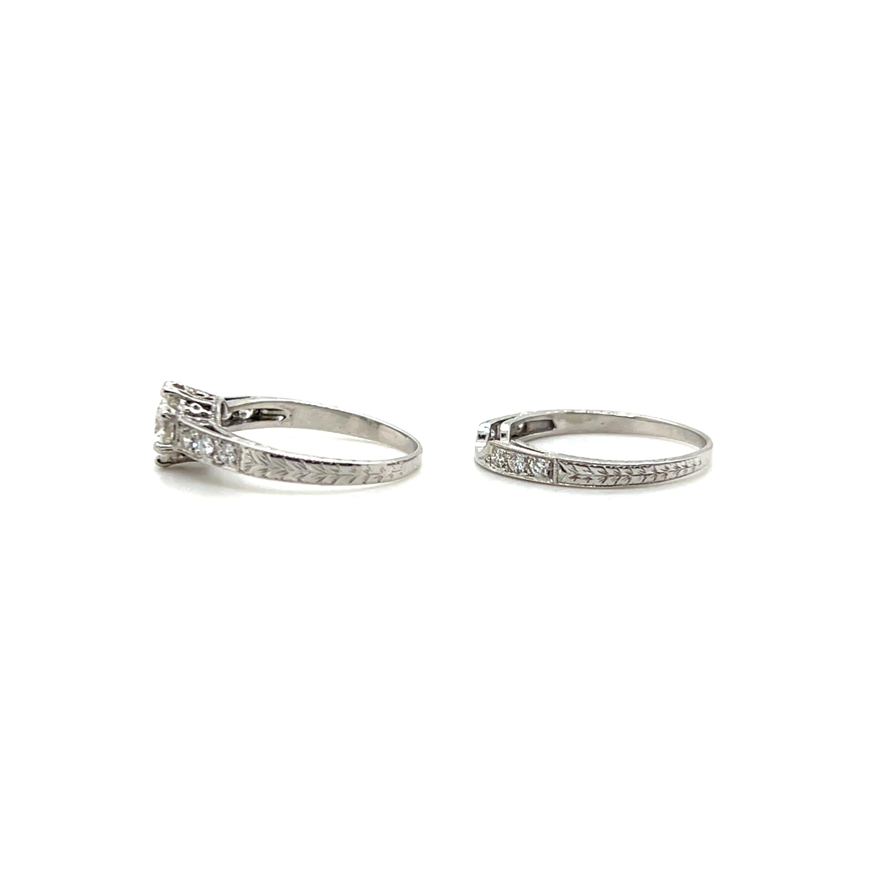 GIA Certified 1.02 TCW Diamond Art Deco Inspired Engagement & Wedding Band Set For Sale 7