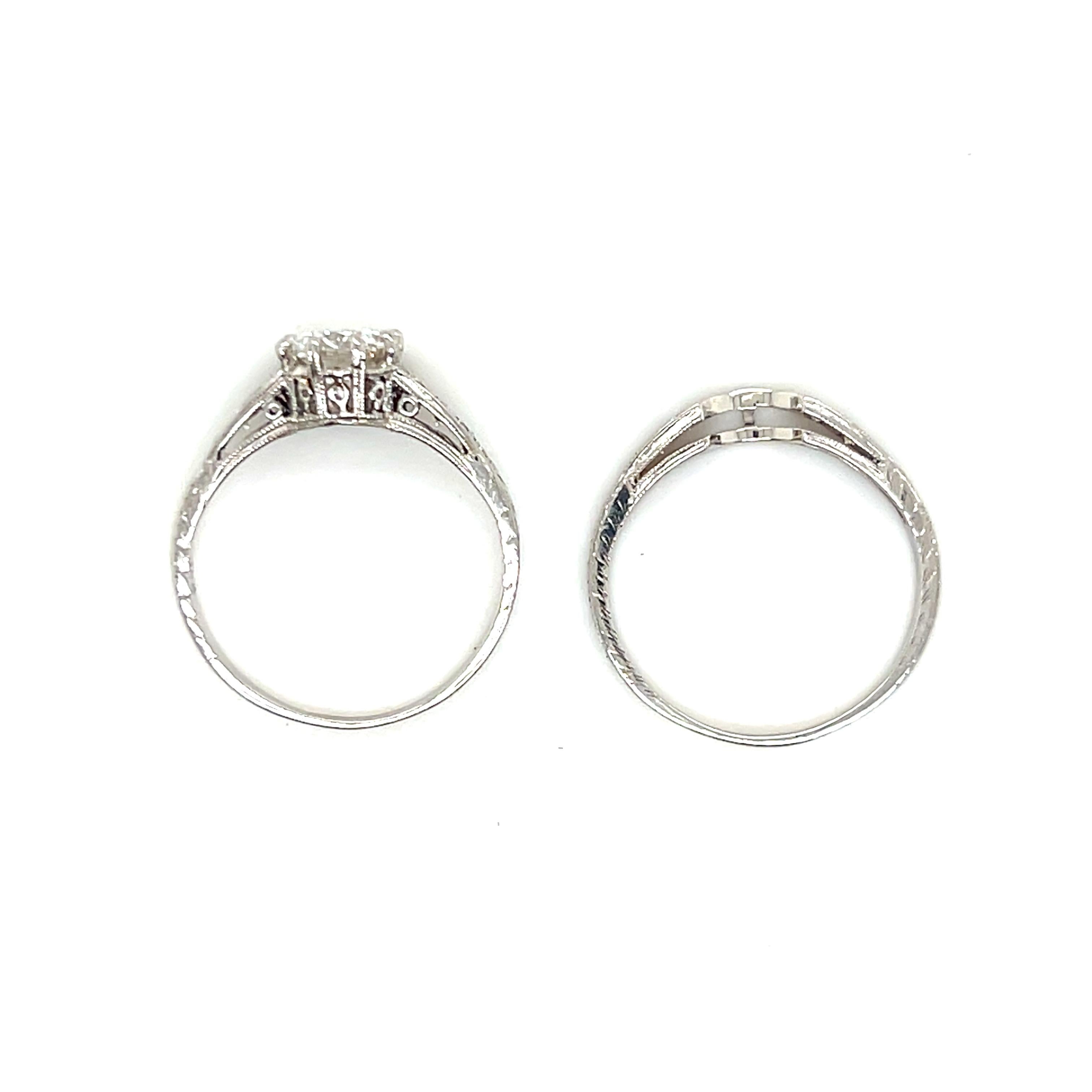 GIA Certified 1.02 TCW Diamond Art Deco Inspired Engagement & Wedding Band Set For Sale 9
