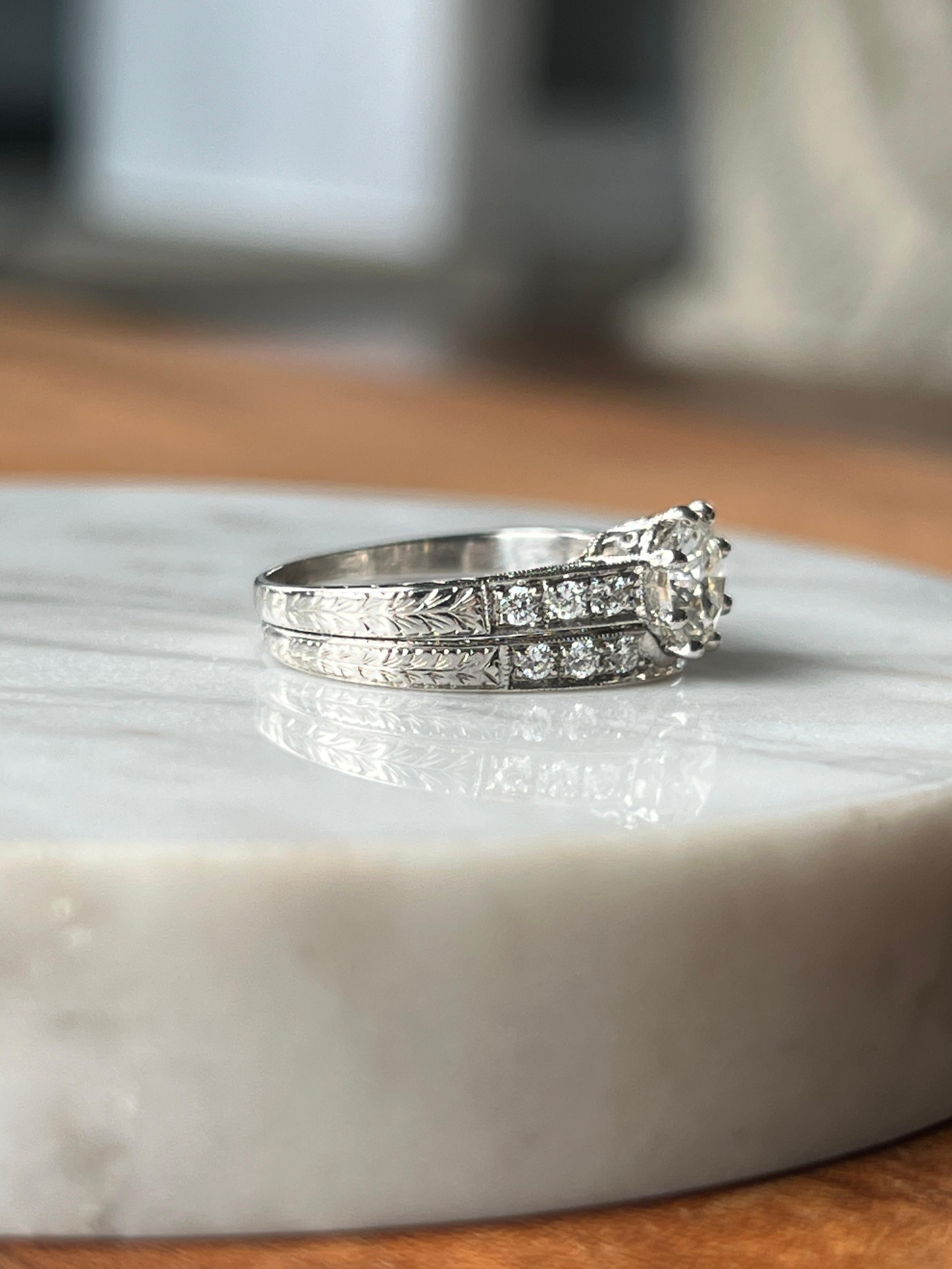 GIA Certified 1.02 TCW Diamond Art Deco Inspired Engagement & Wedding Band Set In Good Condition For Sale In Towson, MD