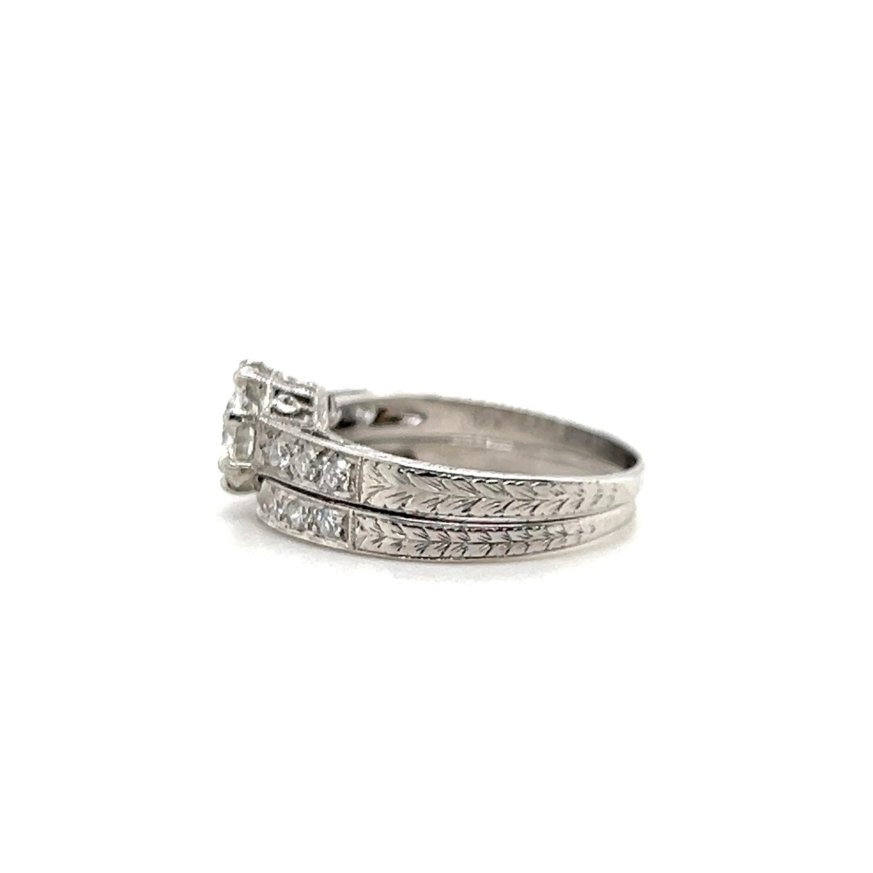 GIA Certified 1.02 TCW Diamond Art Deco Inspired Engagement & Wedding Band Set For Sale 2