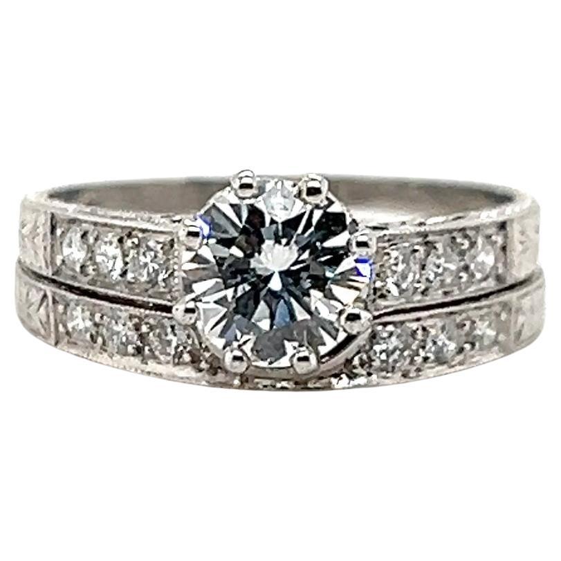 GIA Certified 1.02 TCW Diamond Art Deco Inspired Engagement & Wedding Band Set For Sale
