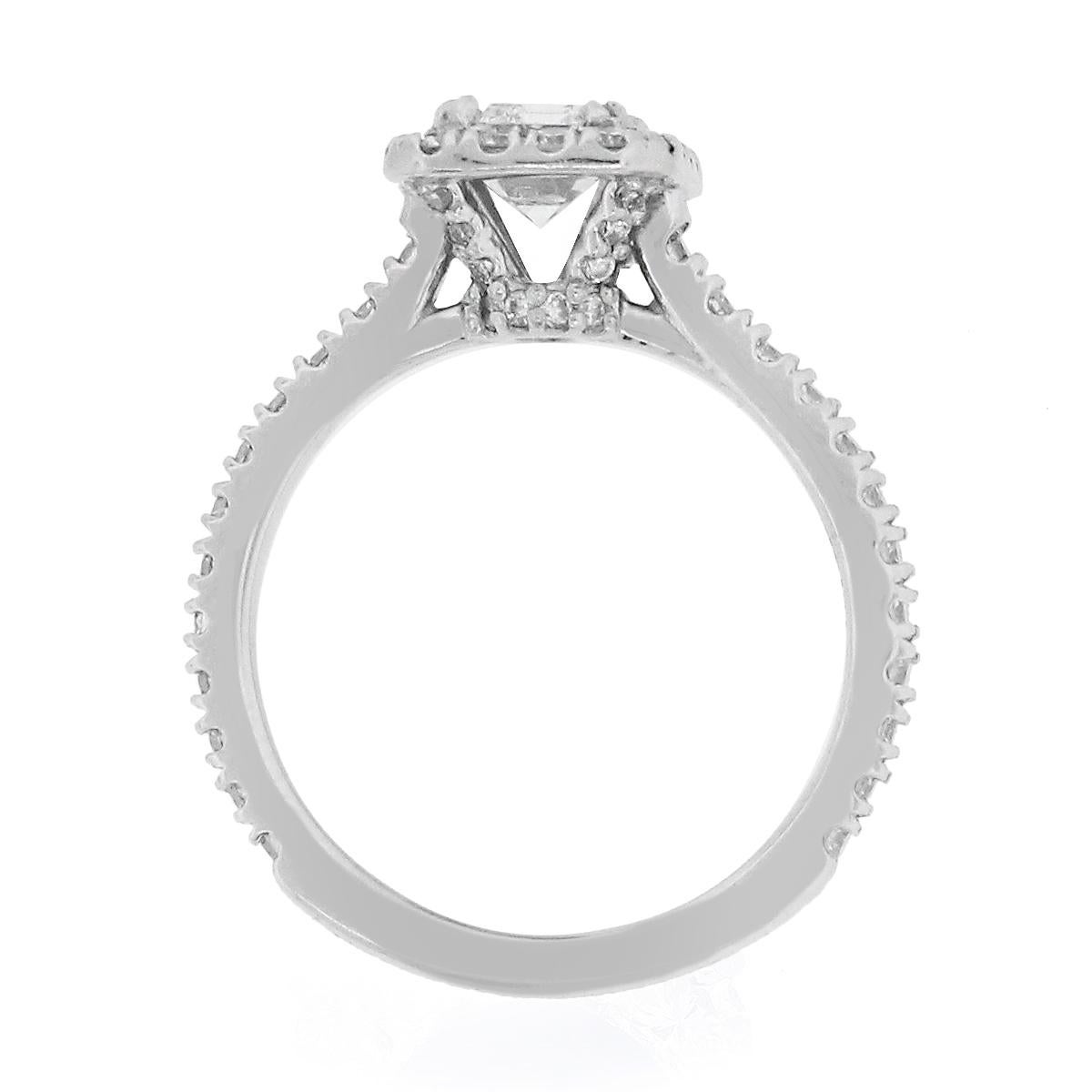 Material: Platinum
Diamond Details: 0.83ct Center emerald cut diamond. Center diamond is GIA Certified (#1166509213) center diamond is F in color and VVS1 in clarity.
Accent Diamond Details: Approximately 0.75ctw of Diamonds. Diamonds are G/H in