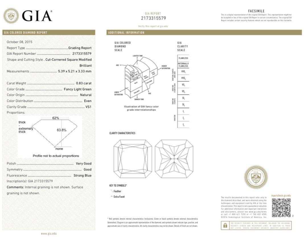 Anillo de diamantes con certificado GIA de 0,83 quilates de color verde claro fantasía y claridad VS1 en venta 4