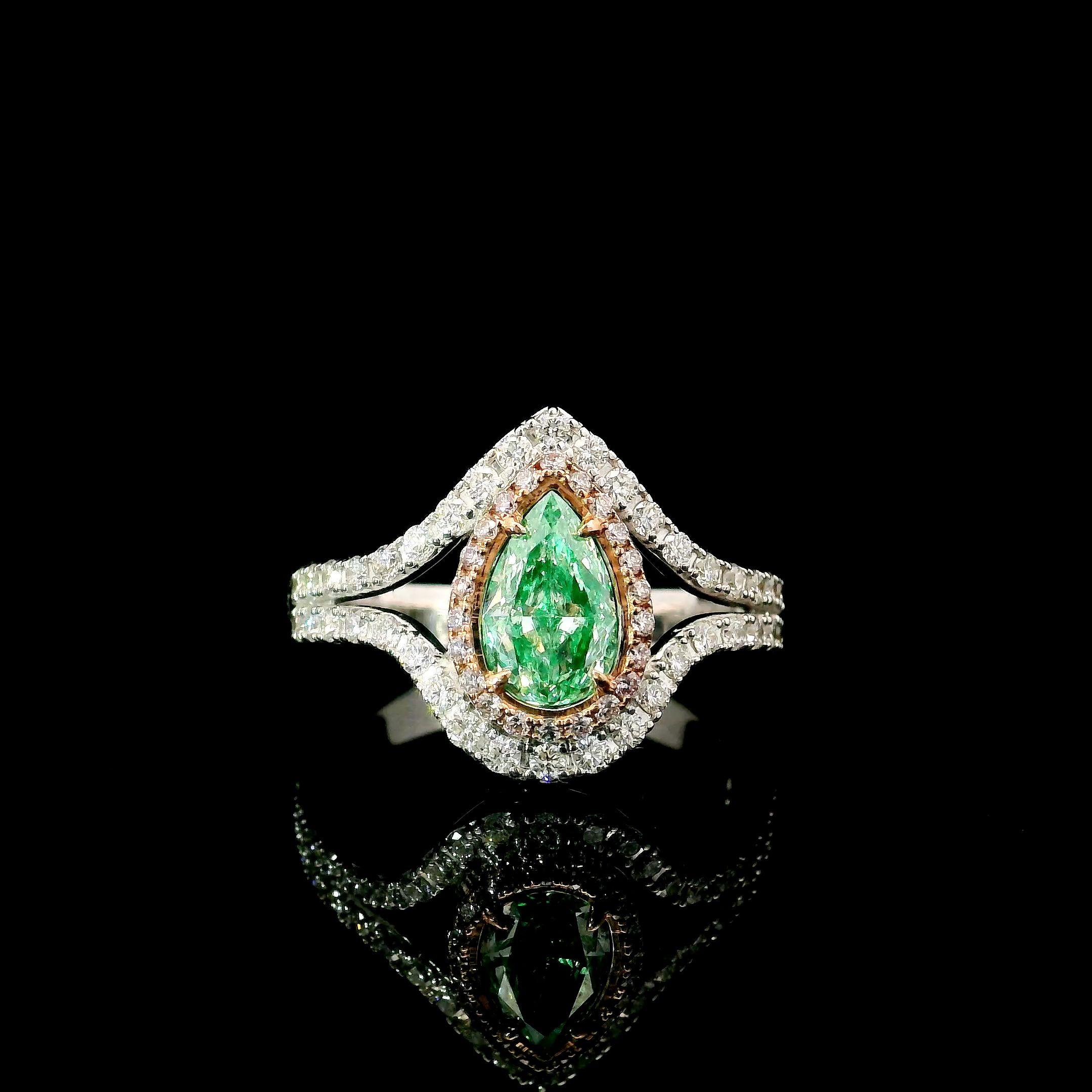 Pear Cut GIA Certified 0.83 Carat Fancy Light Green VS2 Clarity Diamond Ring For Sale