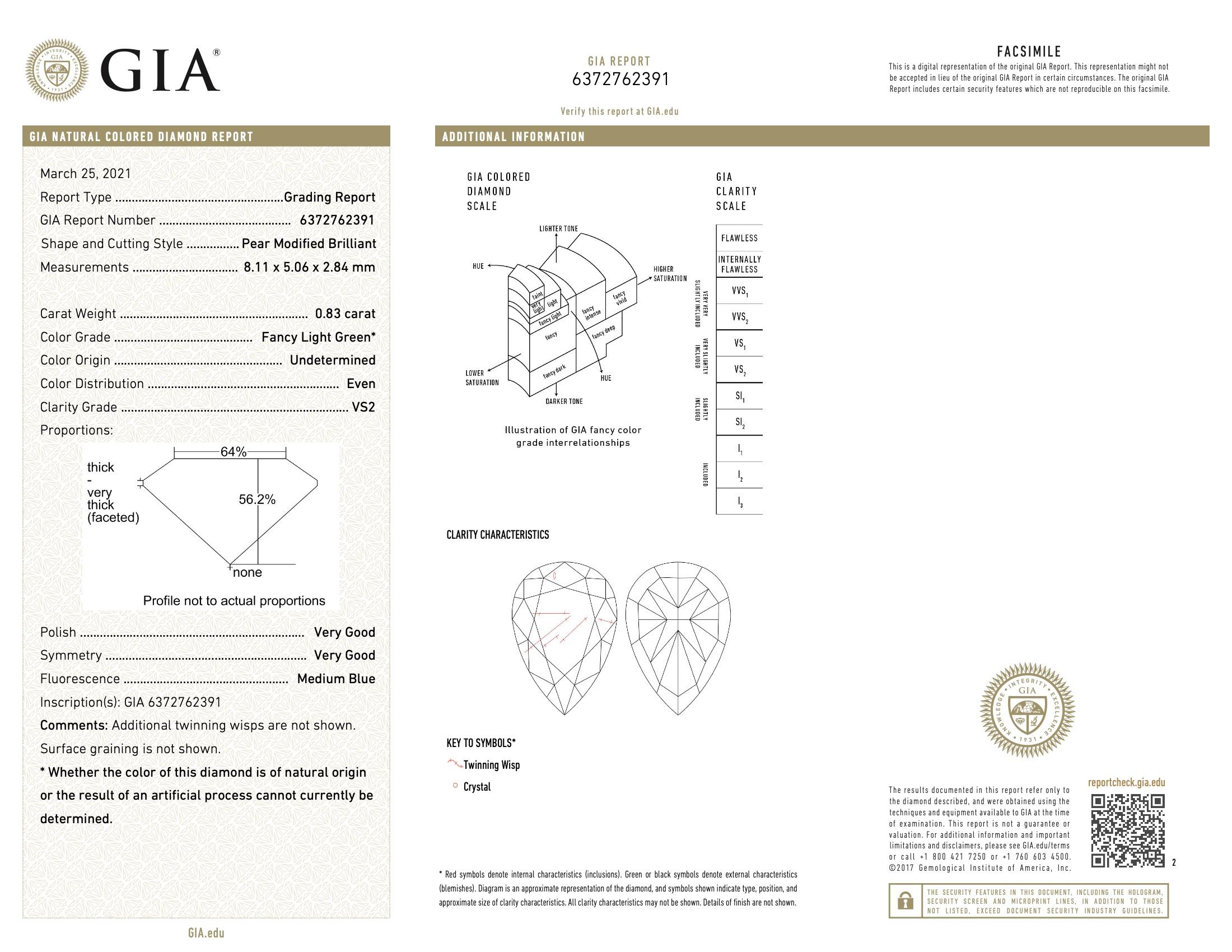 Women's or Men's GIA Certified 0.83 Carat Fancy Light Green VS2 Clarity Diamond Ring For Sale