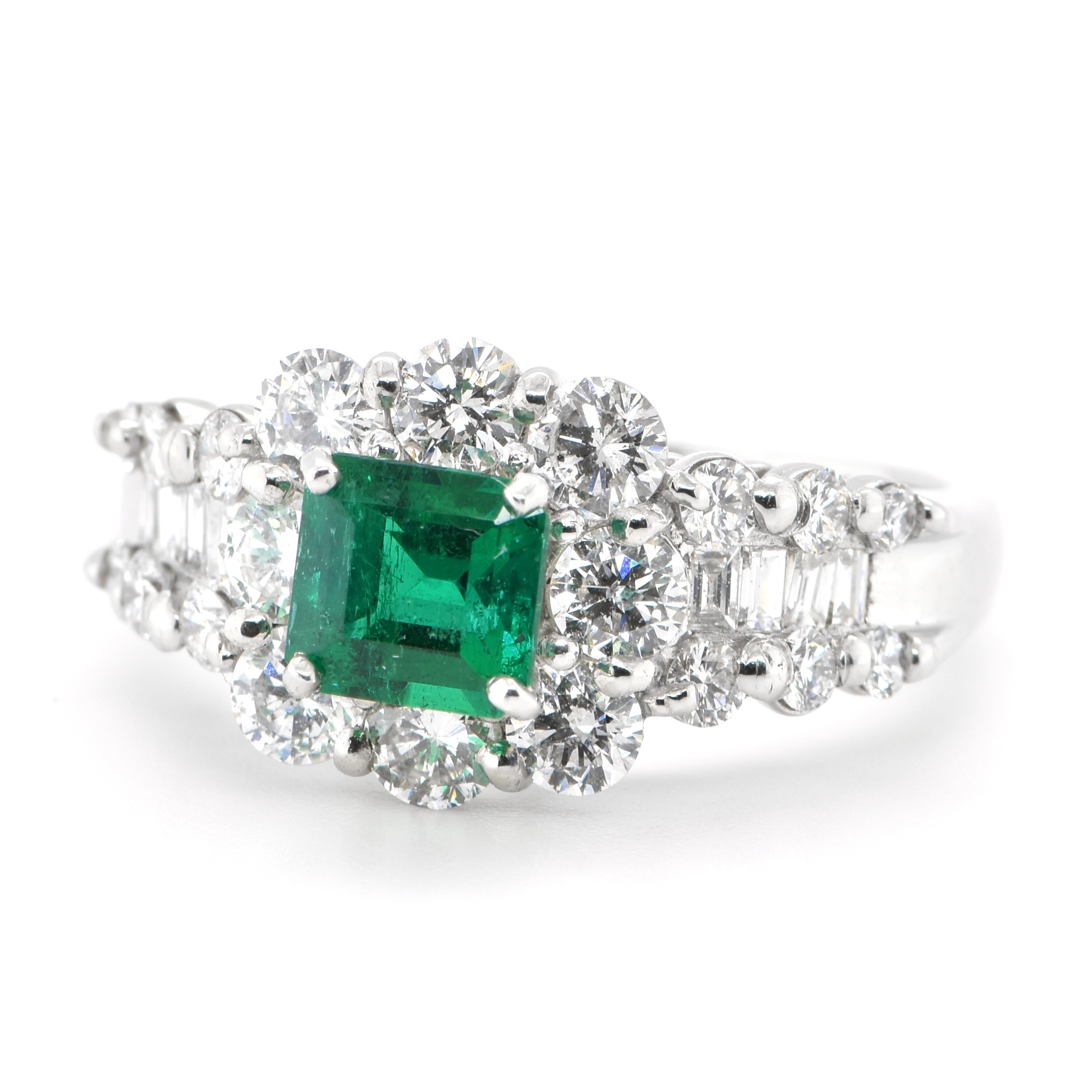 A stunning ring featuring a GIA certified 0.83 Carat Natural Colombian Emerald and 1.43 Carats of Diamond Accents set in Platinum. People have admired emerald’s green for thousands of years. Emeralds have always been associated with the lushest