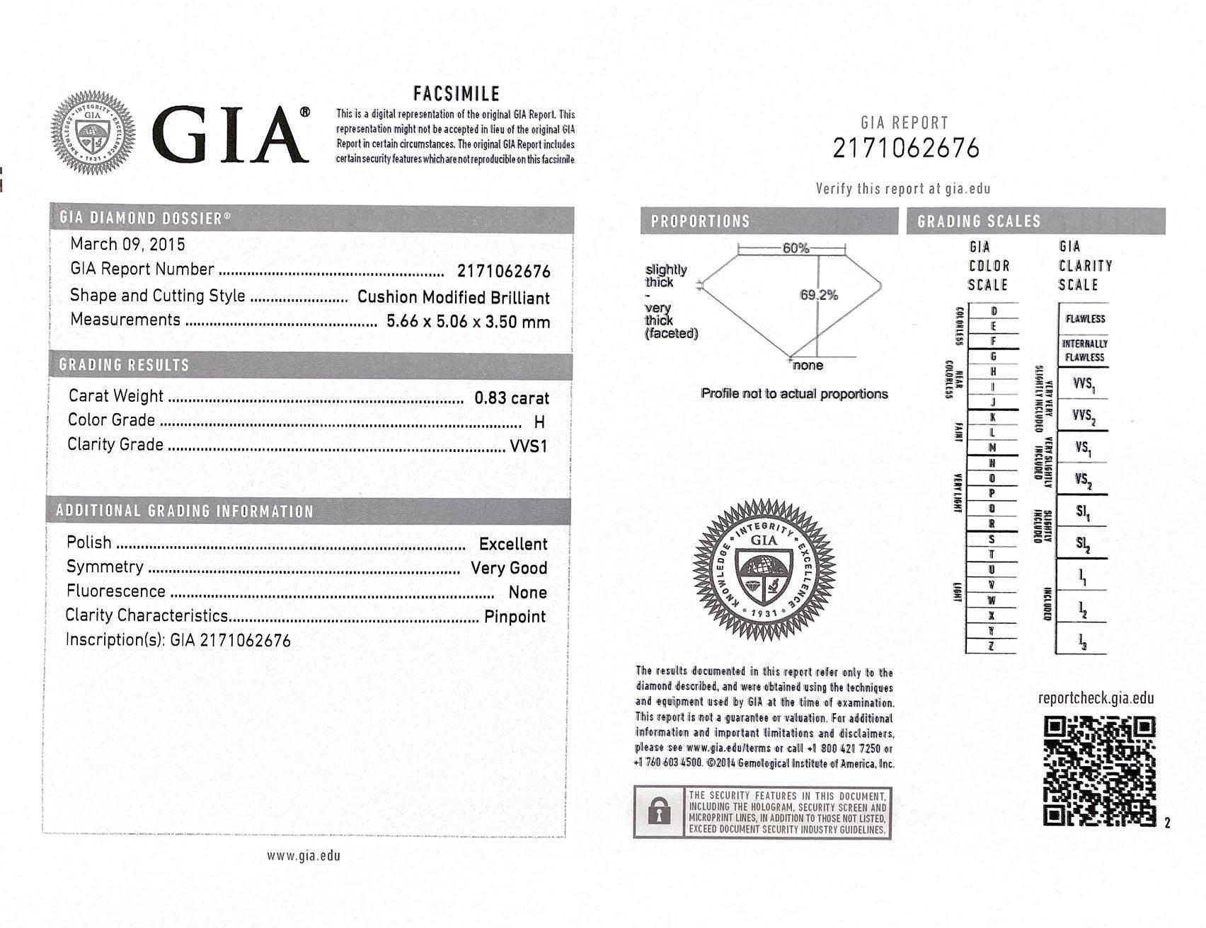 GIA Certified 0.83CT H VVS1 Cushion Platinum Diamond Halo Engagement Ring 5