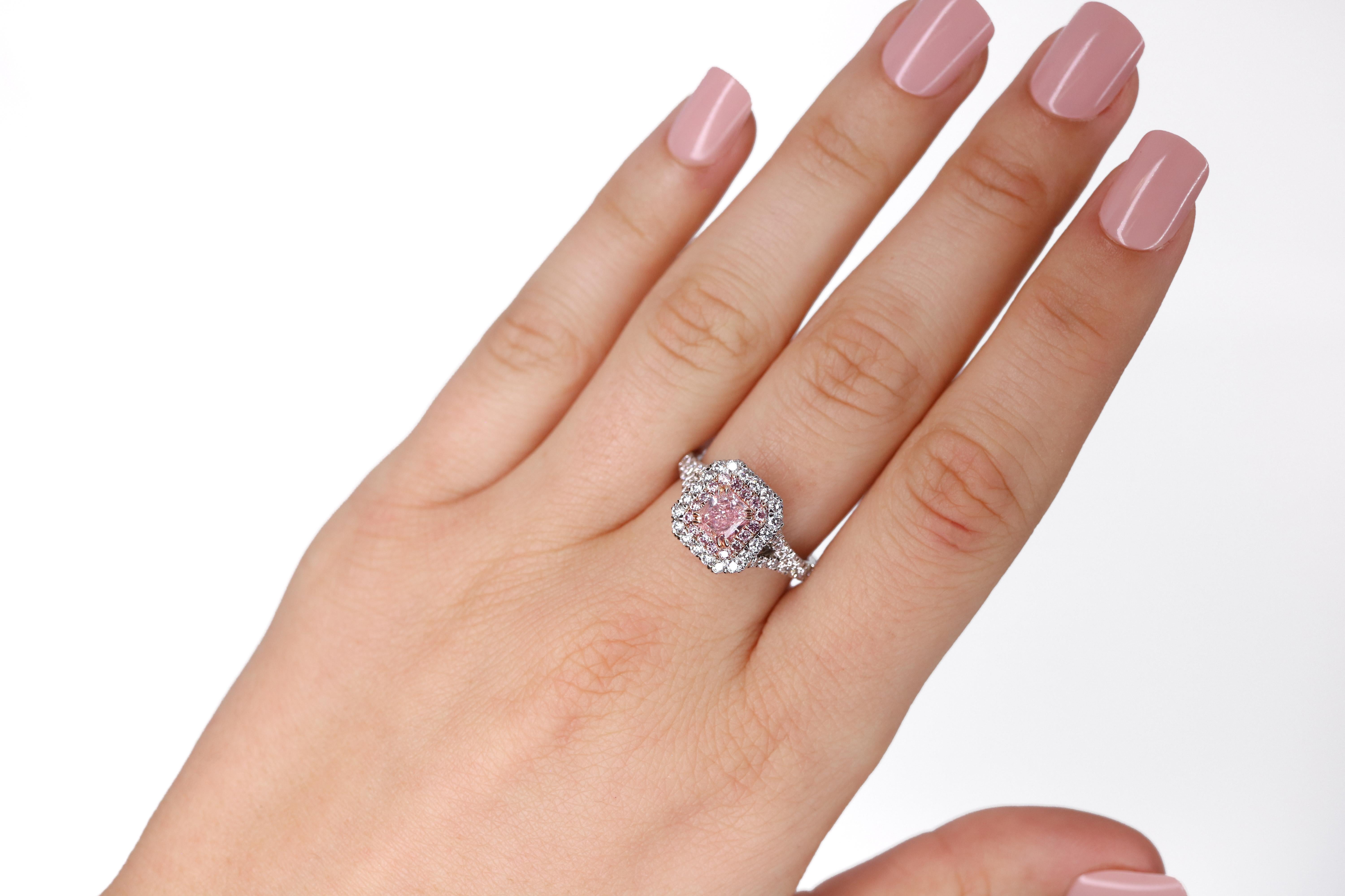 Women's GIA Certified 0.84 Carat Radiant Fancy Intense Pink Diamond Ring