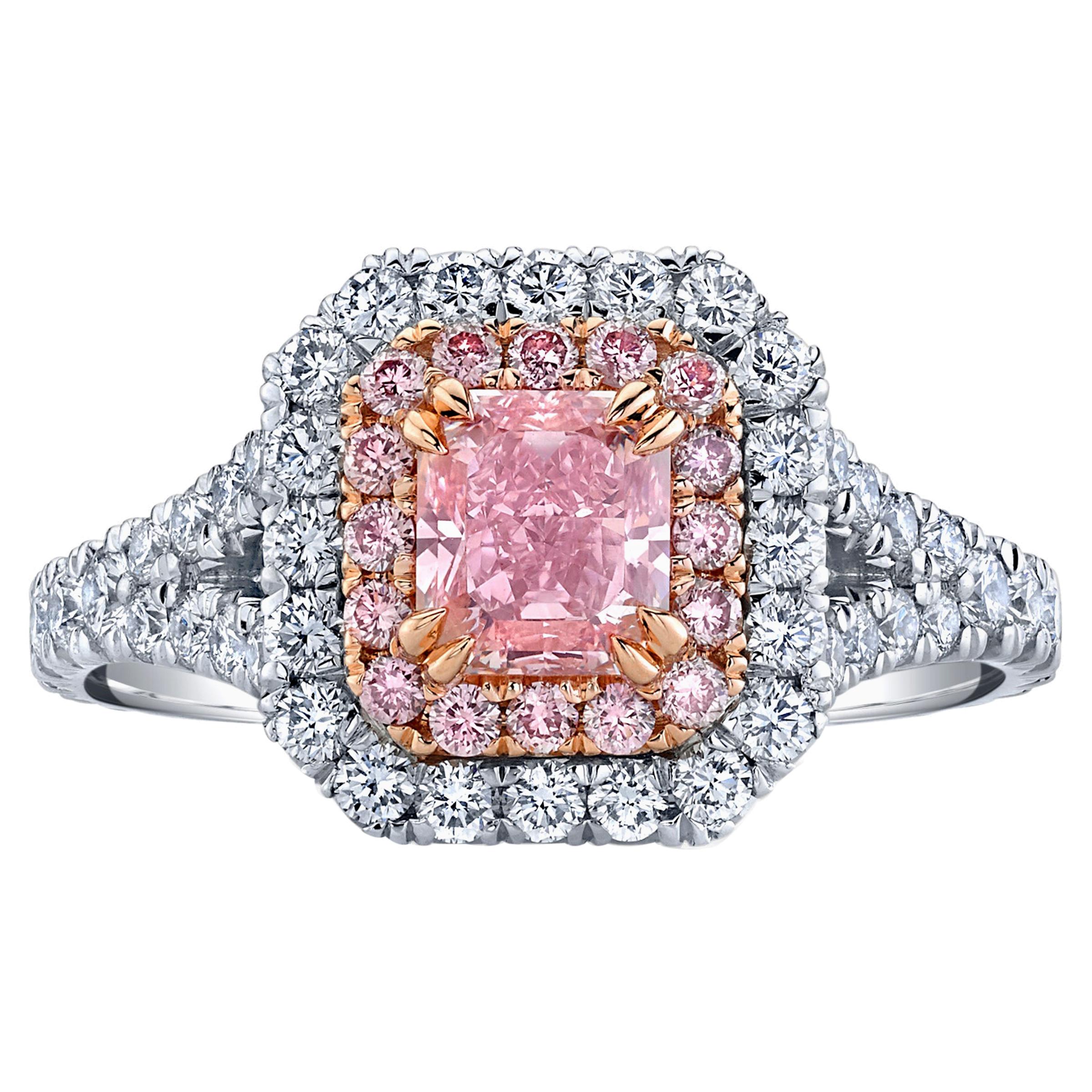 GIA Certified 0.84 Carat Radiant Fancy Intense Pink Diamond Ring