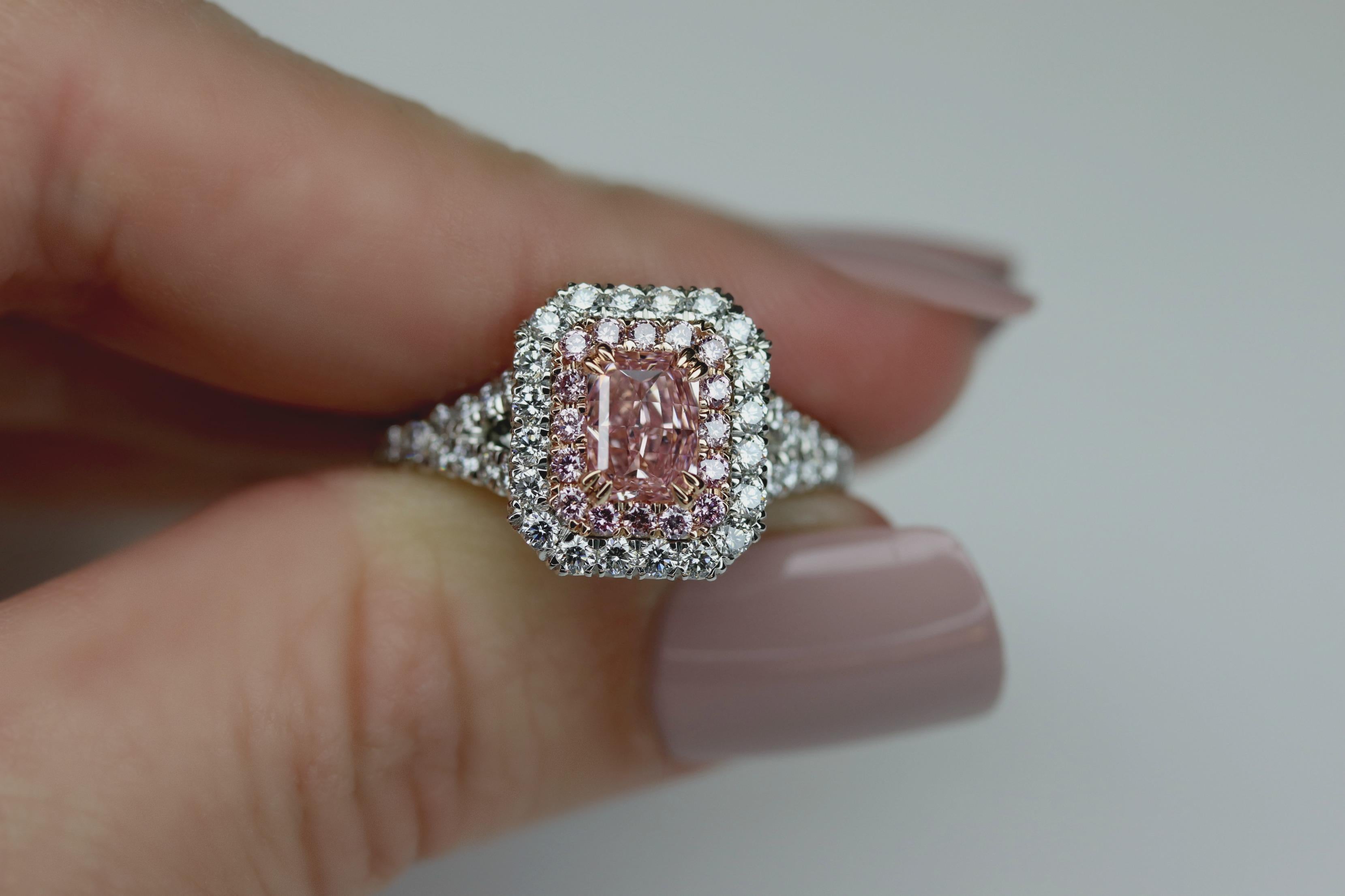 Radiant Cut GIA Certified 0.84 Carat Radiant Fancy Intense Pink Diamond Ring