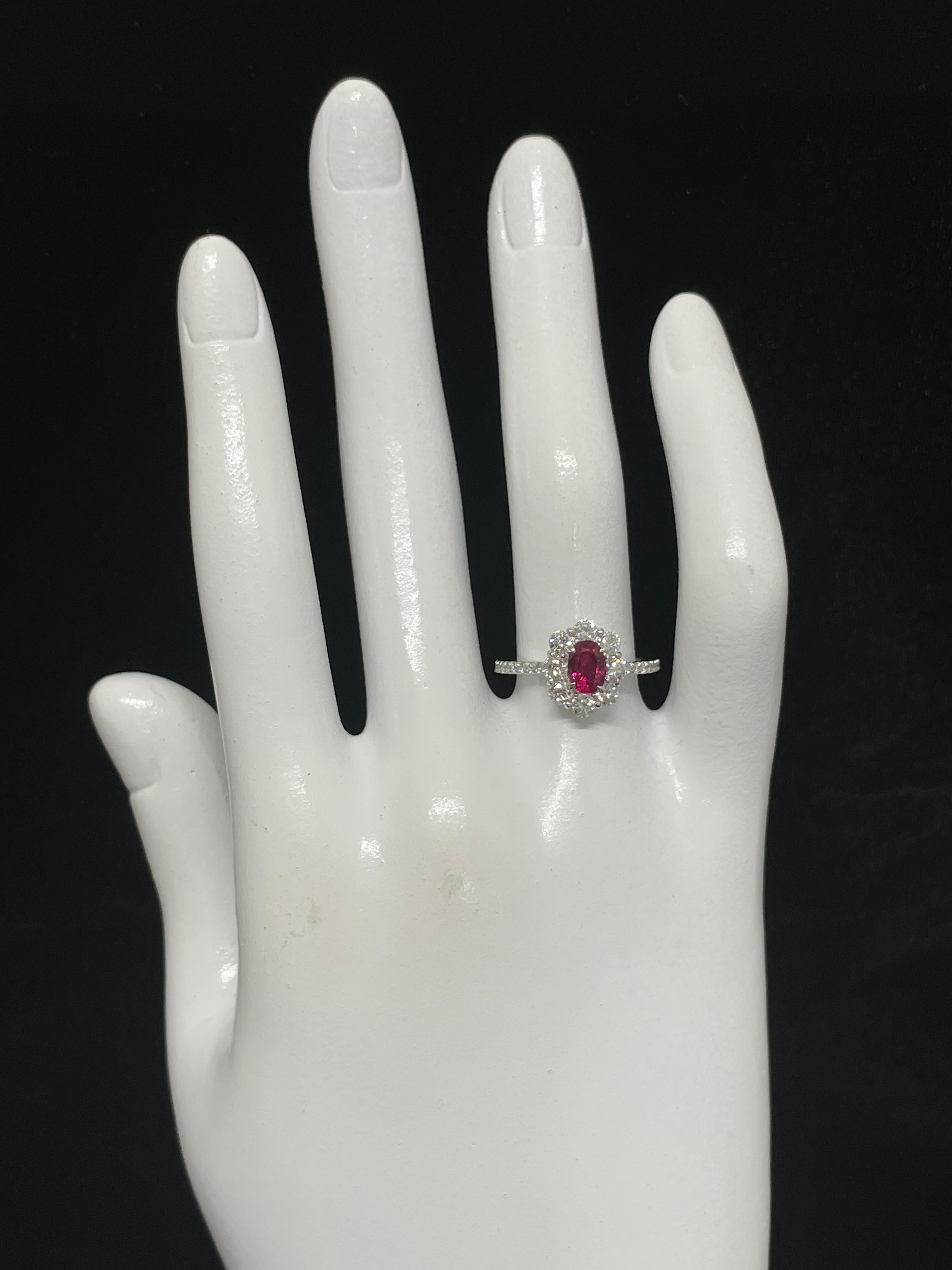 Oval Cut GIA Certified 0.85 Carat Natural Thailand Ruby and Diamond Ring Set in Platinum For Sale