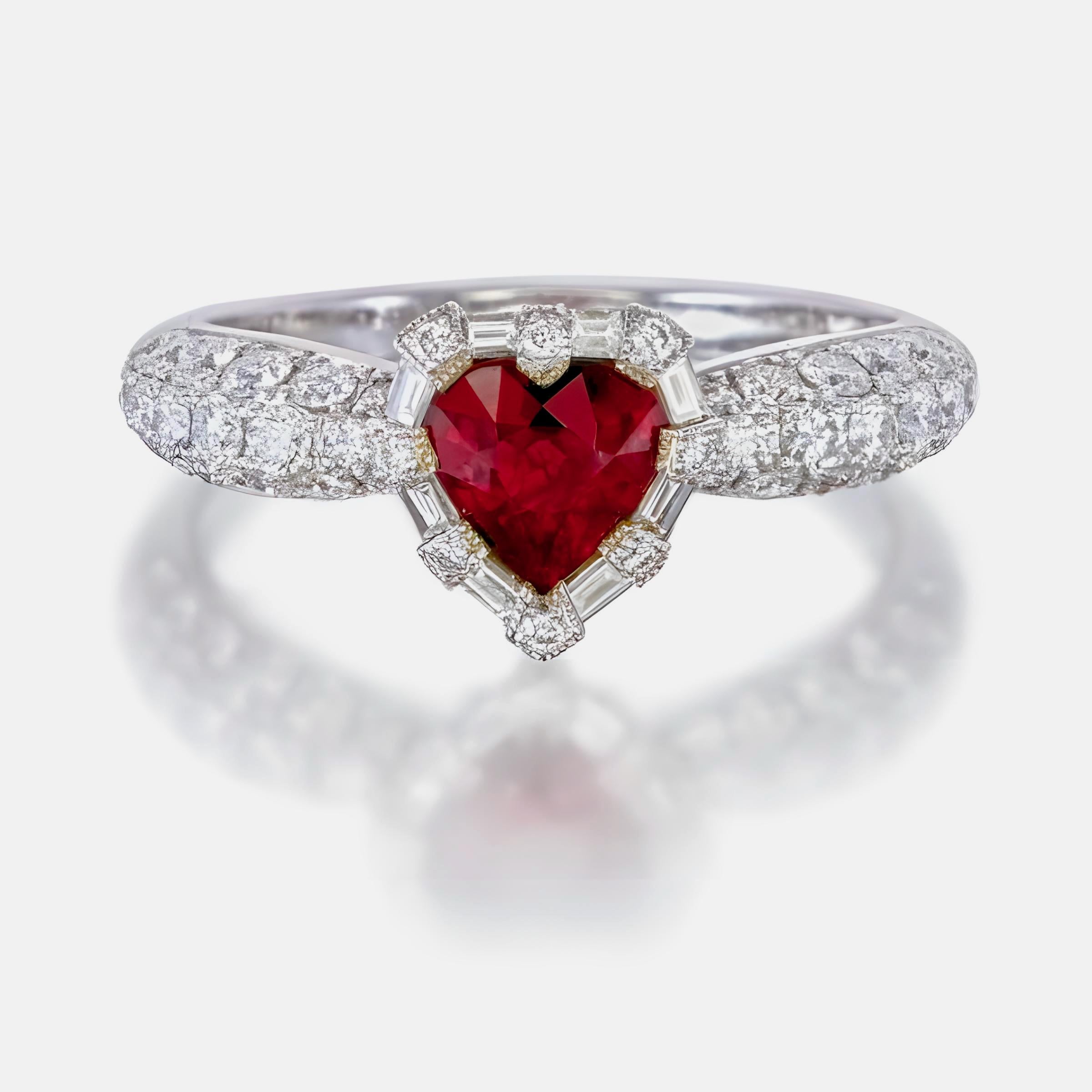 Heart Cut GIA Certified 0.85 Carats Burma No Heat Red Ruby Ring in 18 Karat White Gold For Sale