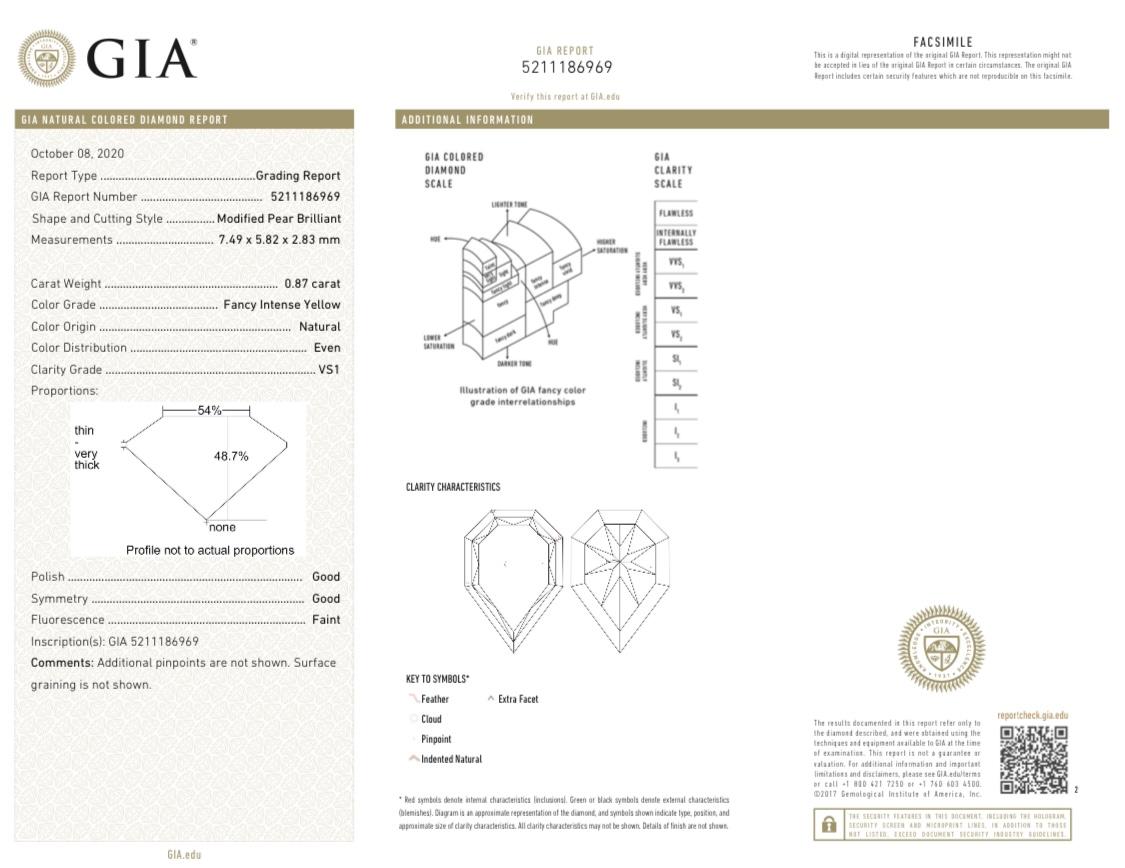 Diamant jaune intense fantaisie taille duchesse VS1 de 0,87 carat certifié par le GIA Neuf - En vente à New York, NY