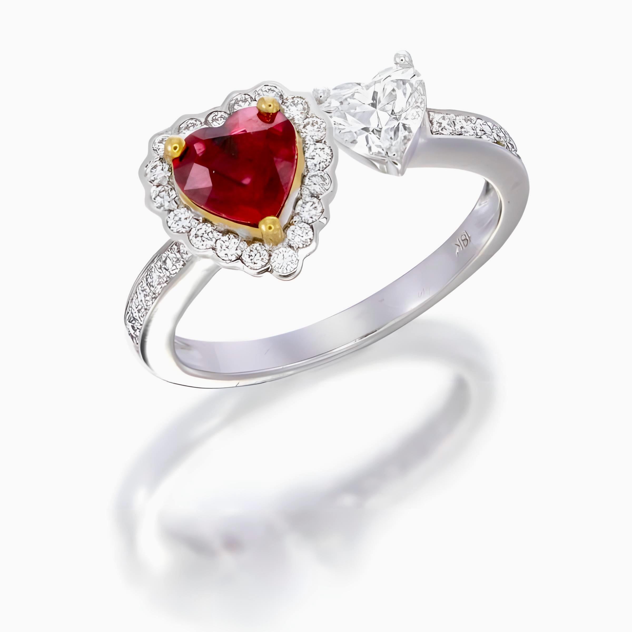 Heart Cut GIA Certified 0.88 Carat Burma No Heat Red Ruby Ring in 18 Karat White Gold For Sale