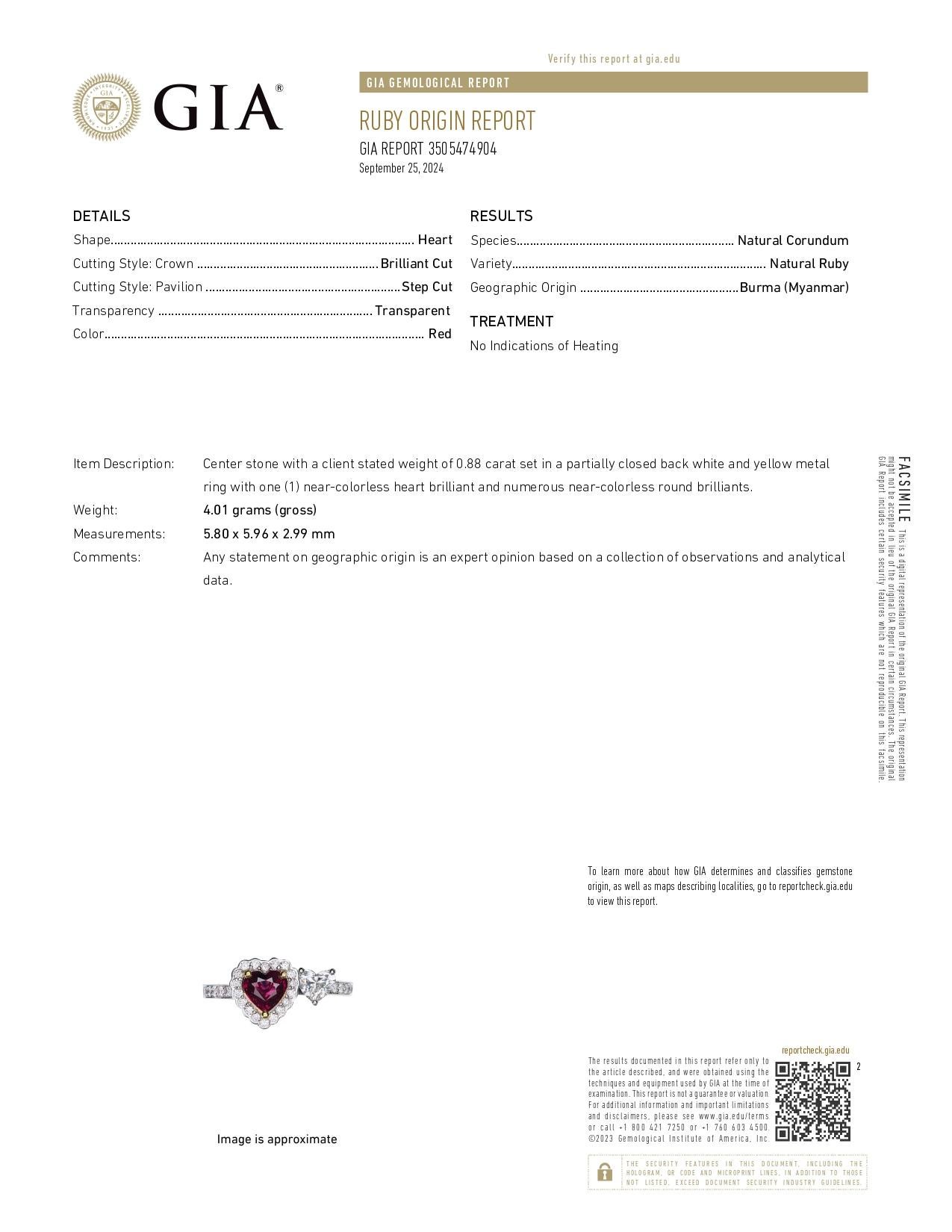 Women's GIA Certified 0.88 Carat Burma No Heat Red Ruby Ring in 18 Karat White Gold For Sale