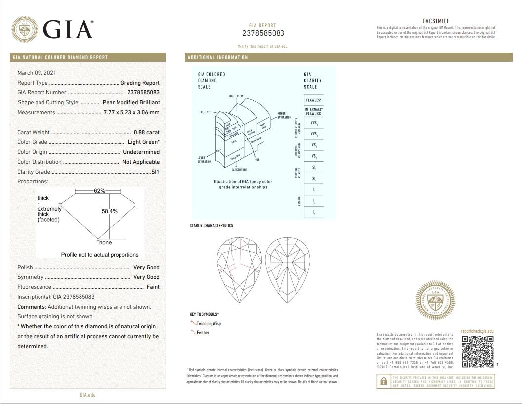 GIA Certified 0.88 Carat Light Green SI1 Clarity Diamond For Sale 1