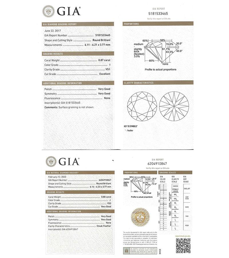 GIA Certified 0.88 Carat and 0.87 Carat Diamond Stud Earrings In Good Condition For Sale In New York, NY