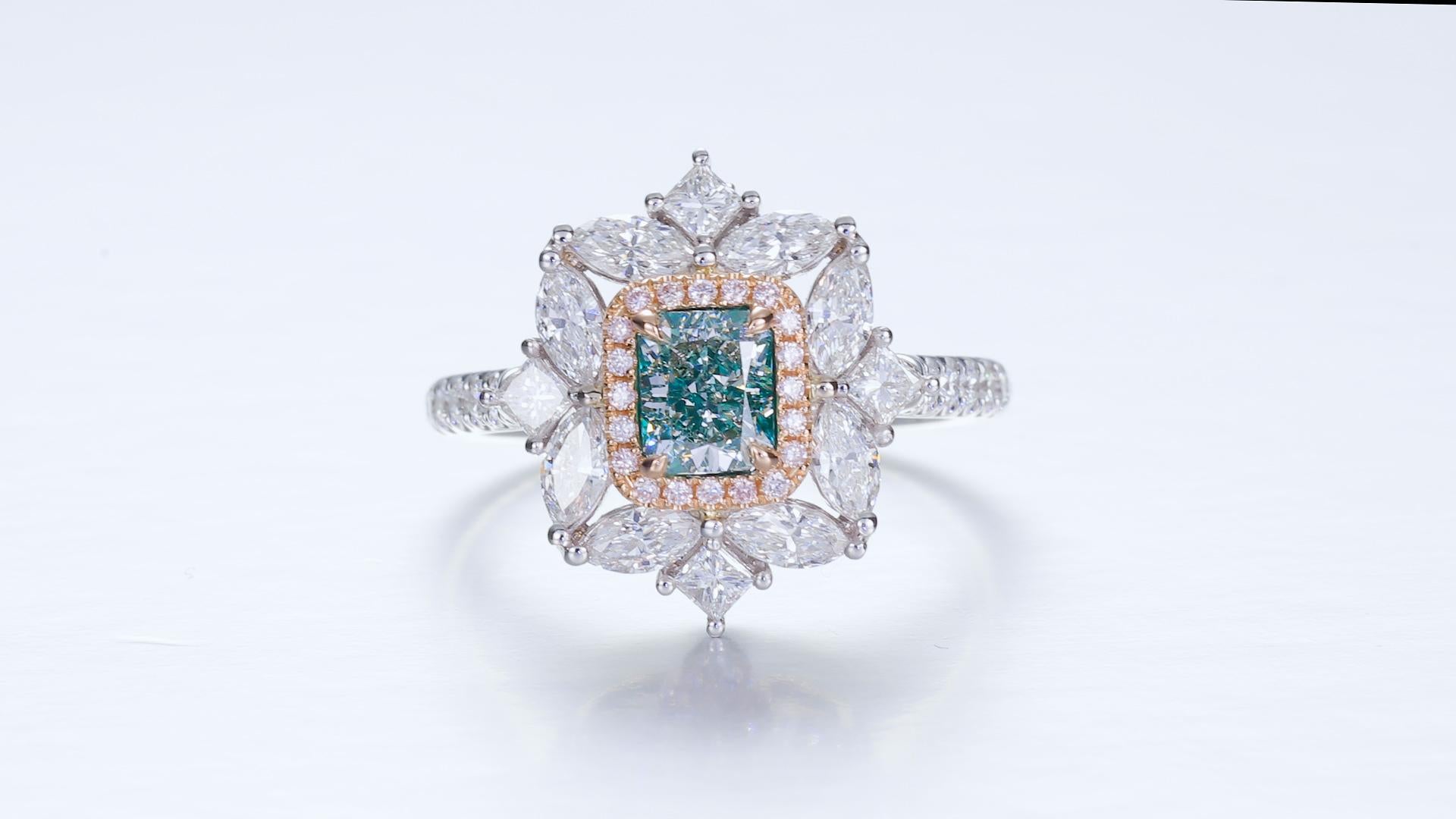 Contemporary GIA Certified 0.88ct Very Light Green Natural Fancy Color Diamond Ring tw-2.02ct For Sale
