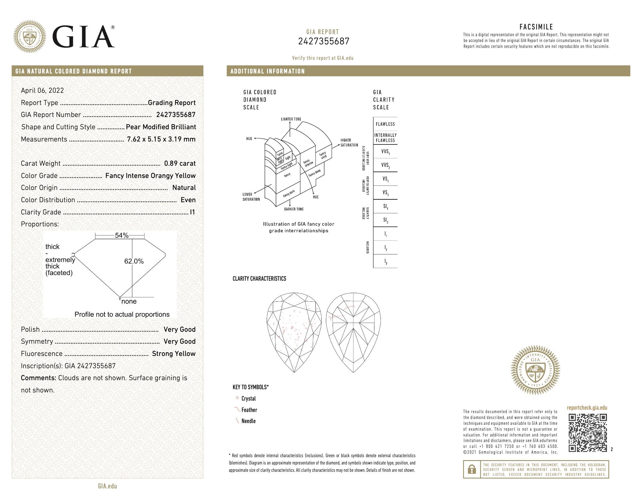 Diamant jaune orangé intense de 0,89 carat de pureté I1 certifié par le GIA en vente 1