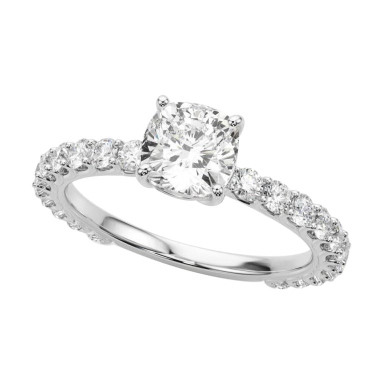 GIA Certified 0.9 Carat Cushion Partial Eternity Shank Diamond Ring