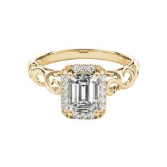 GIA Certified 0.9 Carat Emerald Halo Ribbon Cathedral Diamond Ring