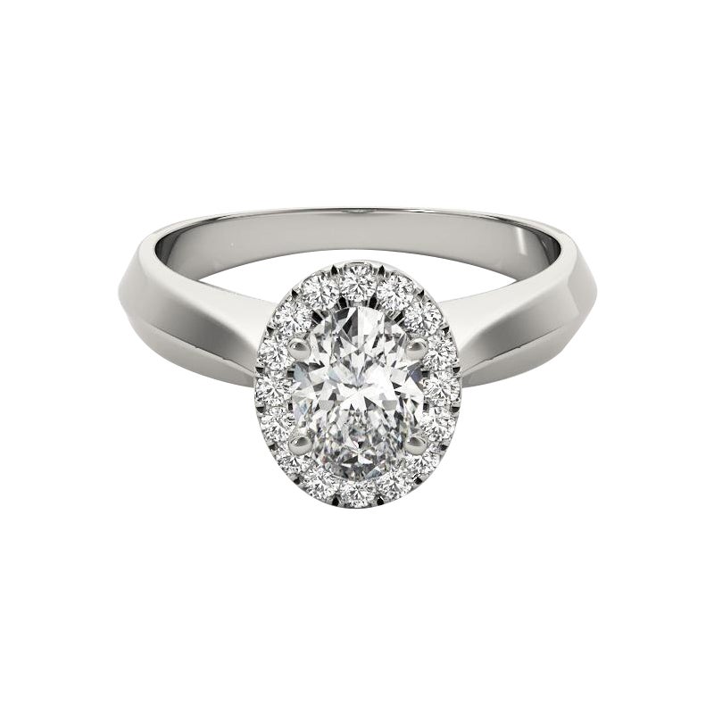 GIA Certified 0.9 Carat Knife Edge Band Oval Halo 18K White Gold Diamond Ring