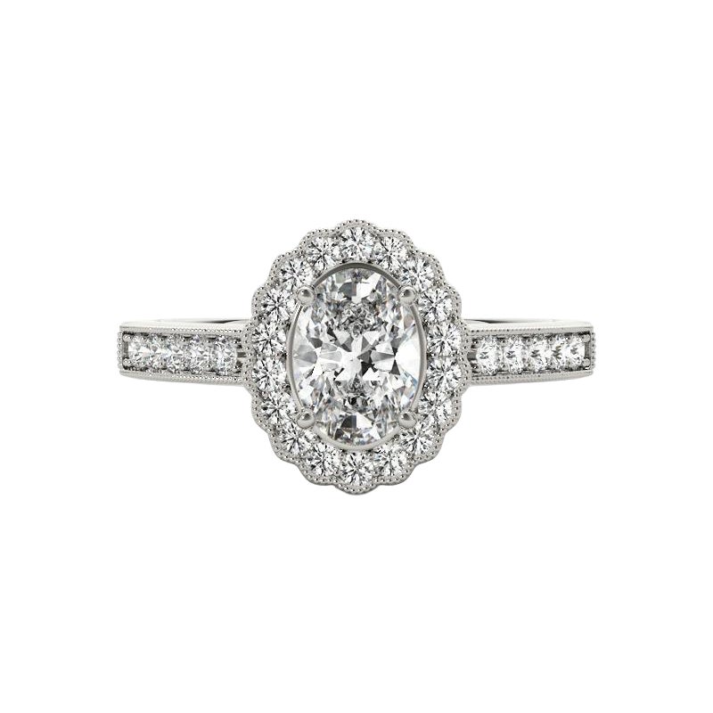 Bague en or blanc 18 carats diamant certifié GIA 0,9 carat ovale halo ajouré pavé