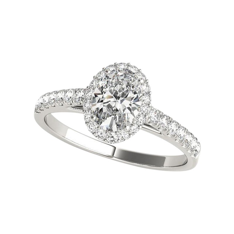 GIA Certified 0.9 Carat Oval Halo Pave Cathedral 18K White Diamond Ring