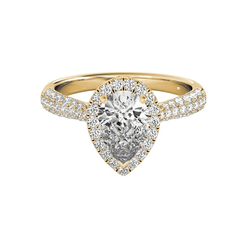 GIA Certified 0.9 Carat Pear Halo Multi-Row 18K Yellow Gold Diamond Ring en vente