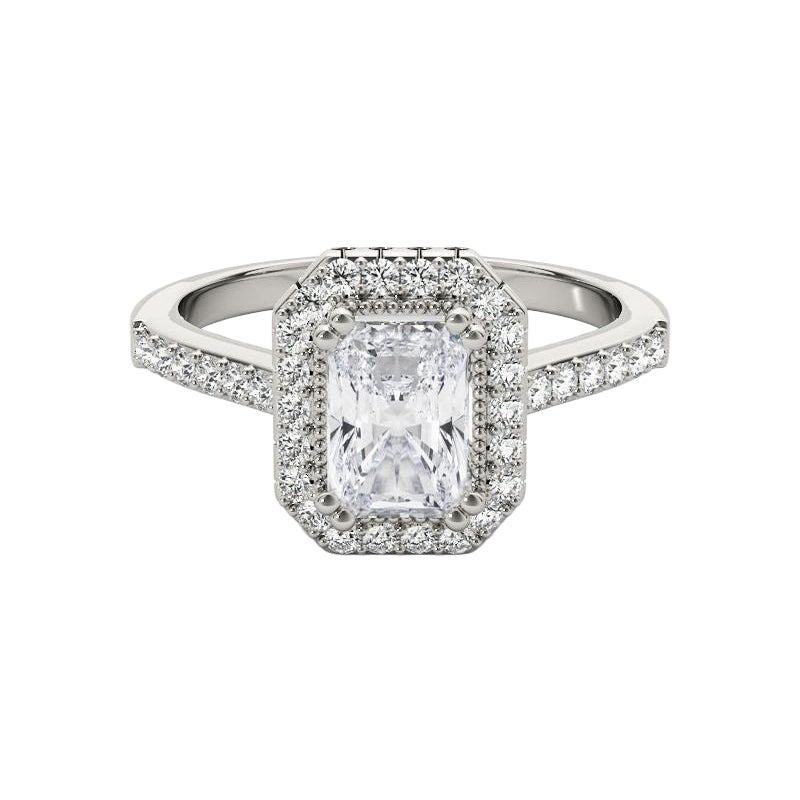 Anello con diamante radiante aureolato in oro bianco 18 carati certificato GIA da 0,9 carati