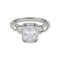 GIA Certified 0.9 Carat Radiant Halo Ribbon Cathedral Platinum Diamond Ring
