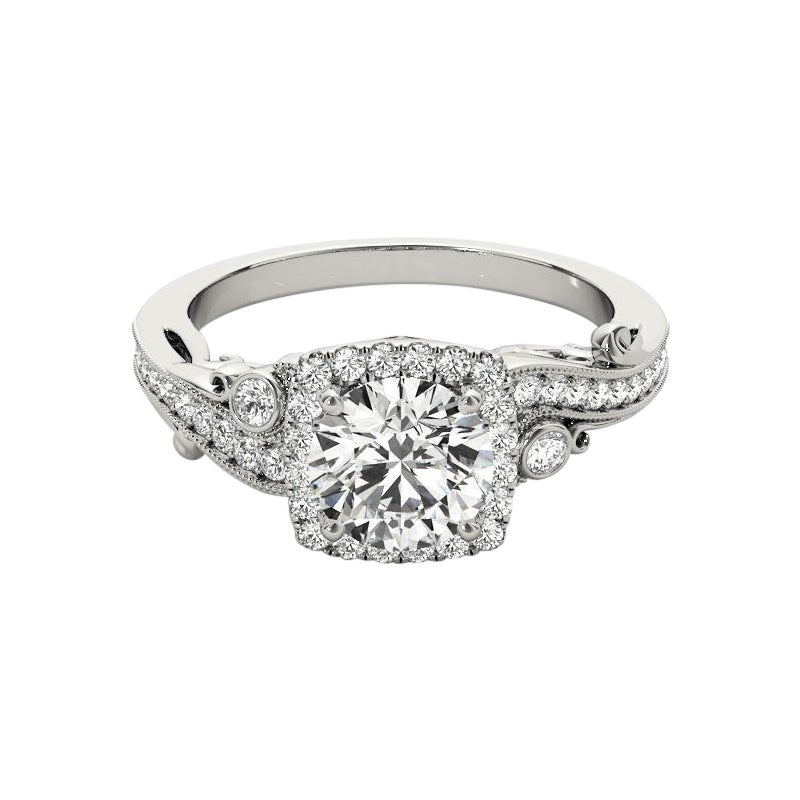Anillo de diamantes curvados en platino con halo redondo de 0,9 quilates certificado por el GIA