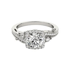 Anillo de diamantes curvados en platino con halo redondo de 0,9 quilates certificado por el GIA